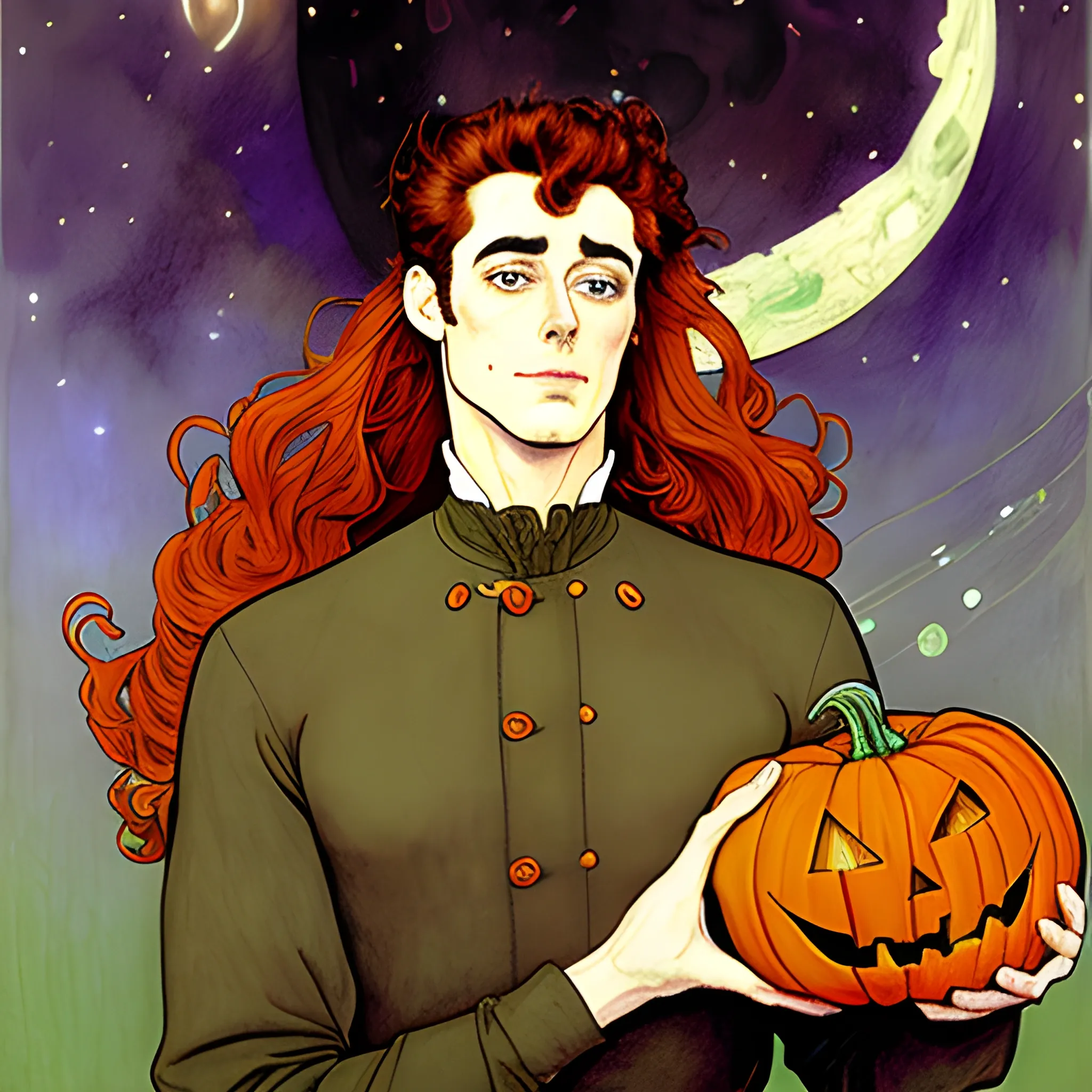 Painting of a handsome young delicate beautiful softly freckled man in his 20s with green eyes and long, curly red hair, at the giant jack o'lantern halloween party; pumpkins, perfect purple pumpkins, green skulls, orange bats, magic, candles, neon spray paint, acrylic paint, fantastical, elegant, stylized art, under a painted nebula sky, full moon; bats, pumpkins, spooky ambiance, Halloween Night art by alphonse mucha, vincent van gogh, egon schiele