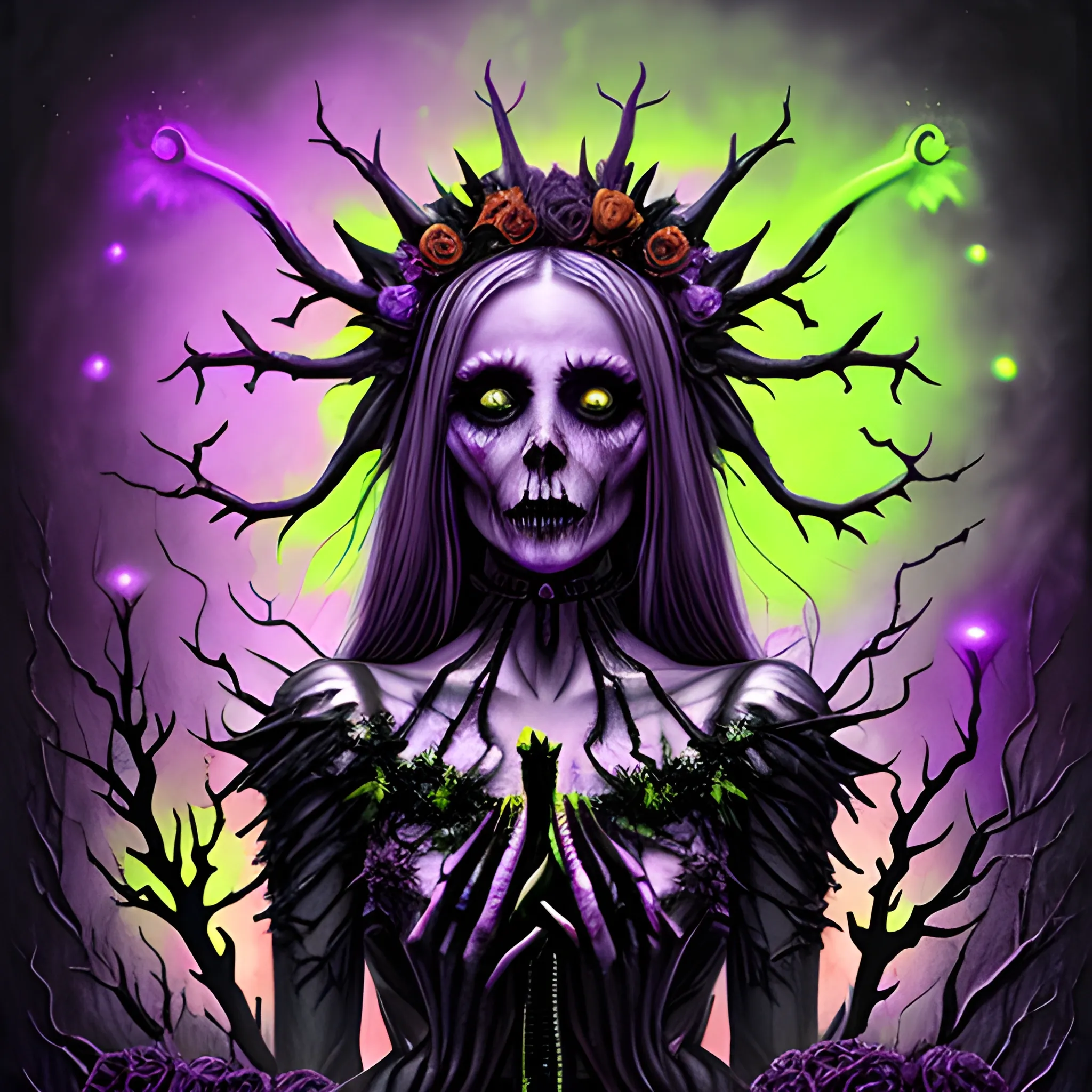 neon grape purple, dayglo orange, chartreuse green, Halloween, a beautiful woman wearing a thorny crown of black roses, Halloween, bats, full moon in a nebula sky, graveyard, neon spray paint, acrylic paint, fantastical surrealist world, in the style of Stephen Gammell and Shawn Coss, extremely detailed, sick, gothic, eldritch, candles