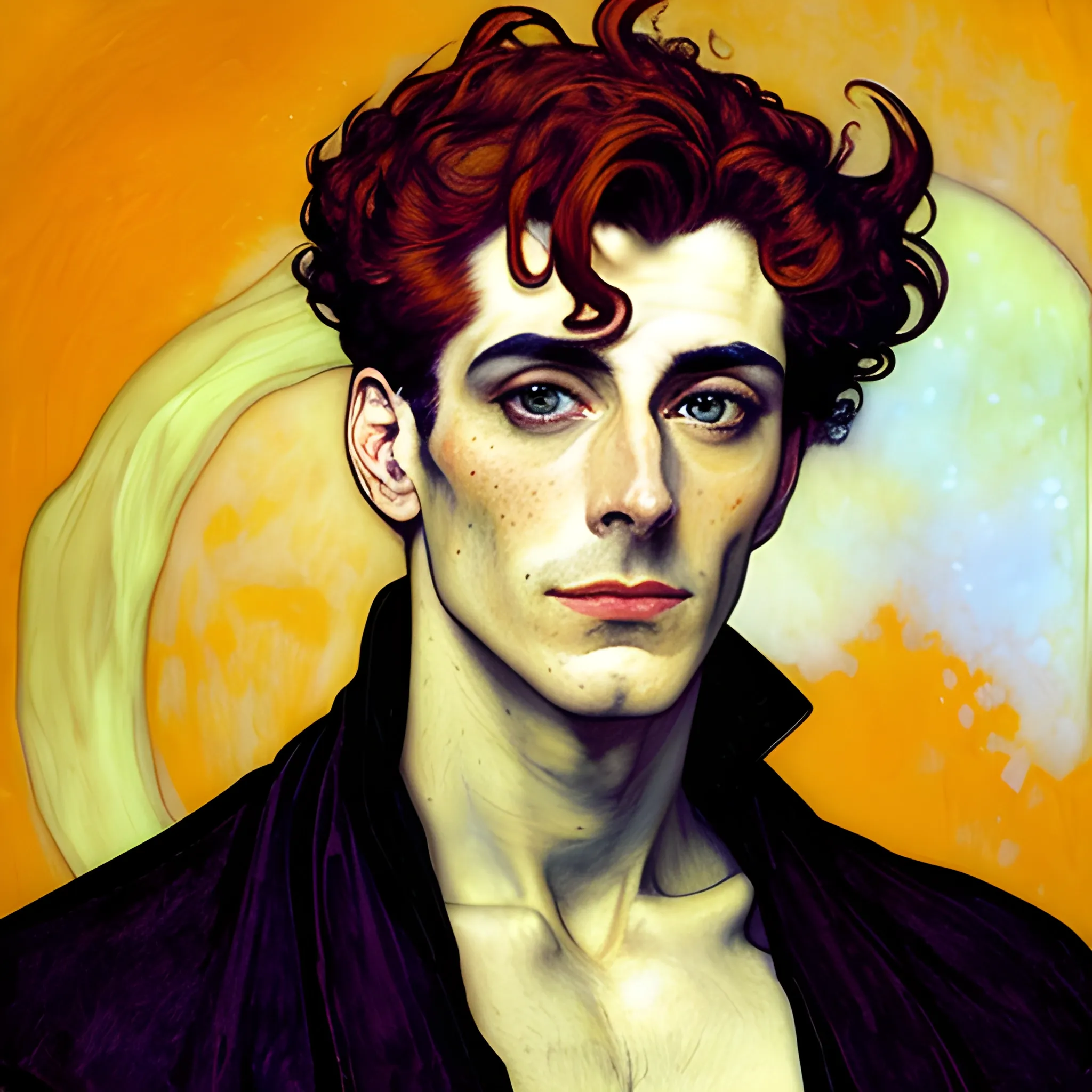 Painting of a handsome young delicate beautiful softly freckled man in his 20s with green eyes and long, curly red hair, at the giant jack o'lantern halloween party; pumpkins, perfect purple pumpkins, green skulls, orange bats, magic, candles, neon spray paint, acrylic paint, fantastical, elegant, stylized art, under a painted nebula sky, full moon; bats, pumpkins, spooky ambiance, Halloween Night art by alphonse mucha, vincent van gogh, egon schiele