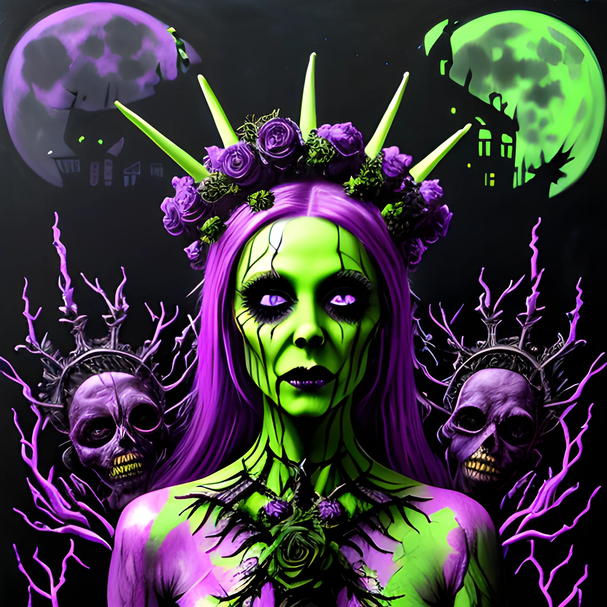 neon grape purple, dayglo orange, chartreuse green, Halloween, a beautiful woman wearing a thorny crown of black roses, Halloween, bats, full moon in a nebula sky, graveyard, neon spray paint, acrylic paint, fantastical surrealist world, in the style of Stephen Gammell and Shawn Coss, extremely detailed, sick, gothic, eldritch, candles