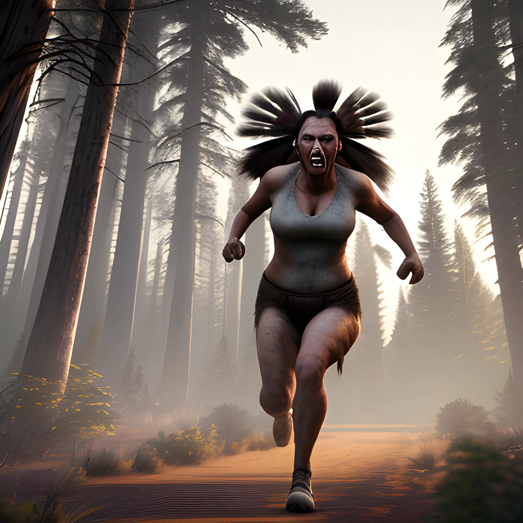 Digital render of a twilight forest setting: tall, ancient trees surround a woman of Native American descent who is sprinting, her expression filled with terror. Close behind, a massive creature with razor-sharp teeth emerges, its eyes fixed on her., 3D