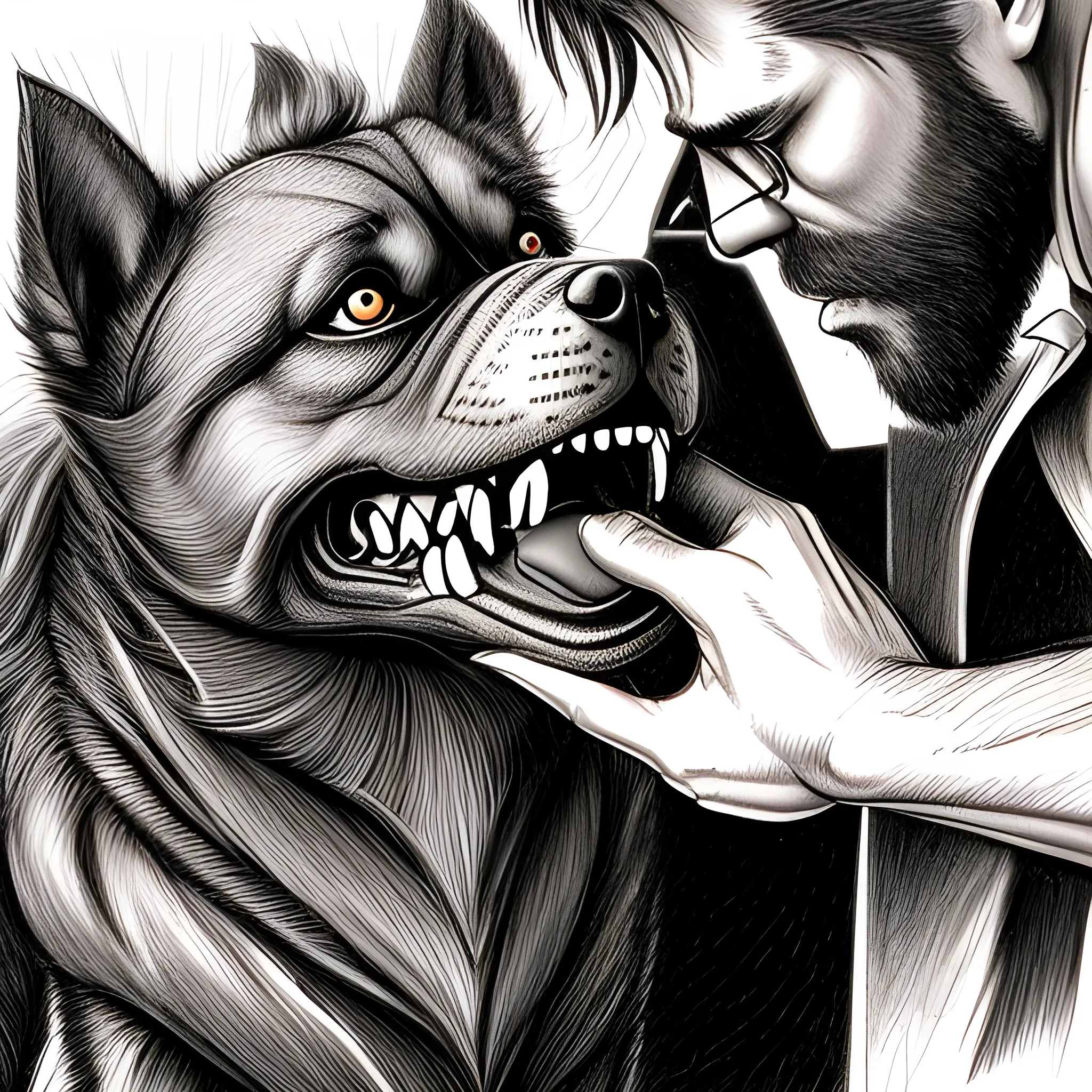 open heart surgery, Pencil SkeIllustration of a dramatic scene where a fierce-looking dog, with its fur raised and eyes narrowed, is growling loudly. The dog's teeth are bared, but they are not in contact with anything. A man's hand is close by, suggesting a tense moment, but there's a clear gaptch, 3D