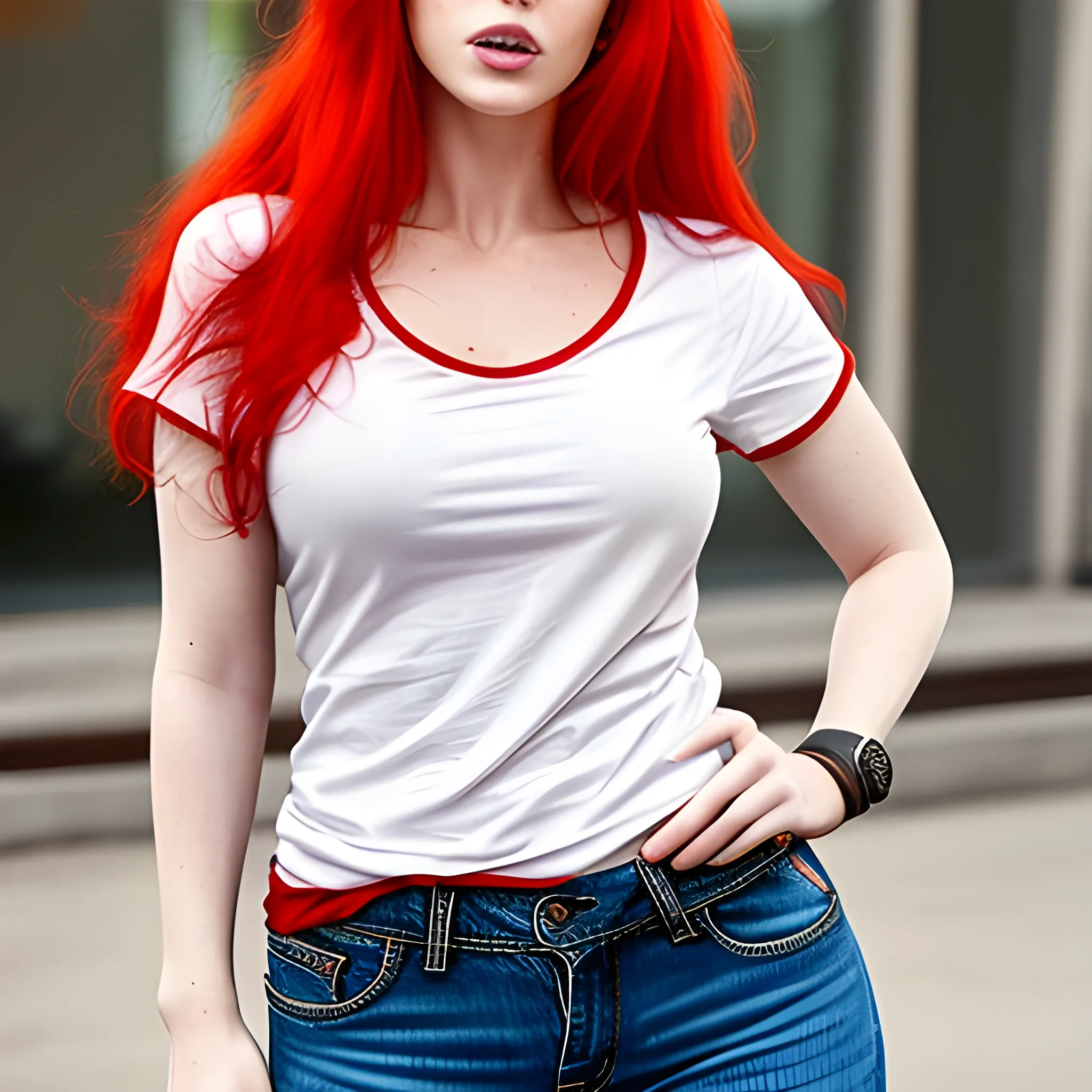 Attractive woman with red hair and large chest in t-shirt and je