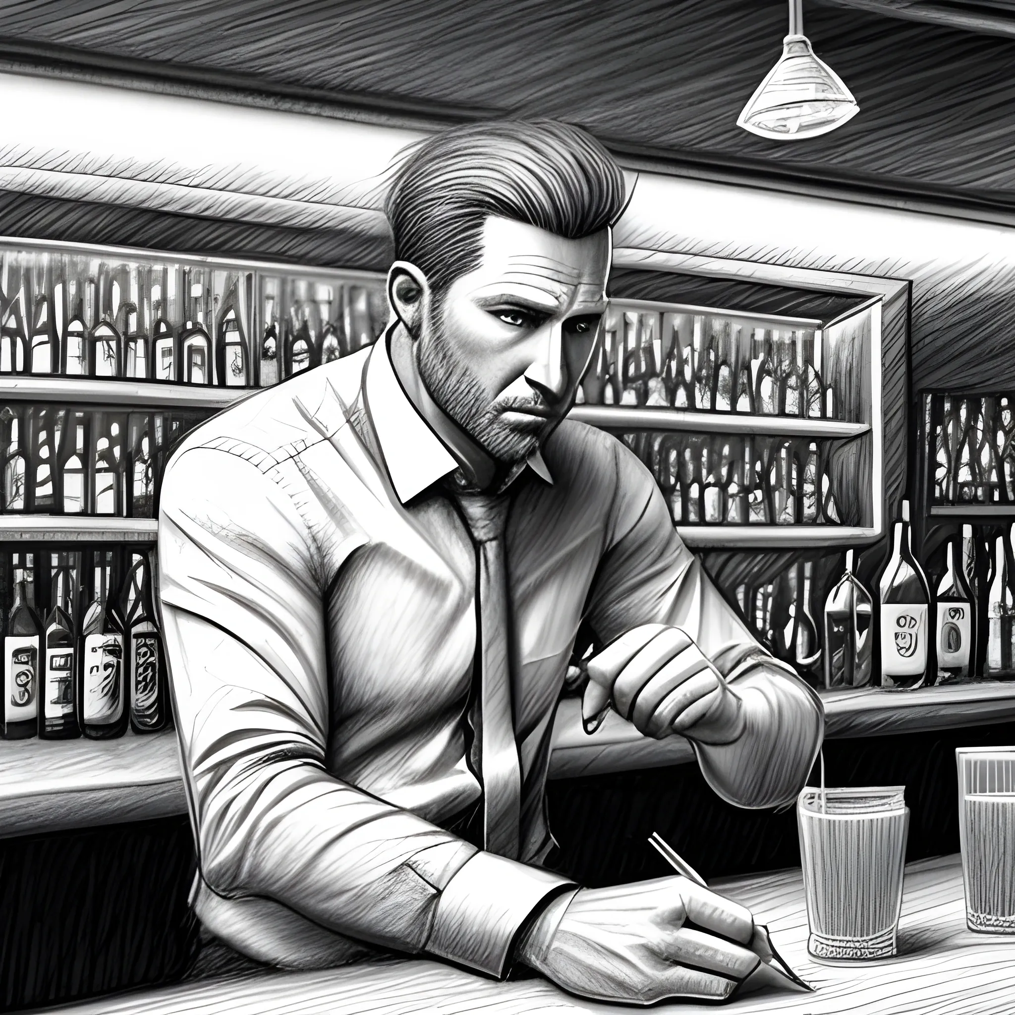 a man in a bar gain the bets
 3D, Pencil Sketch