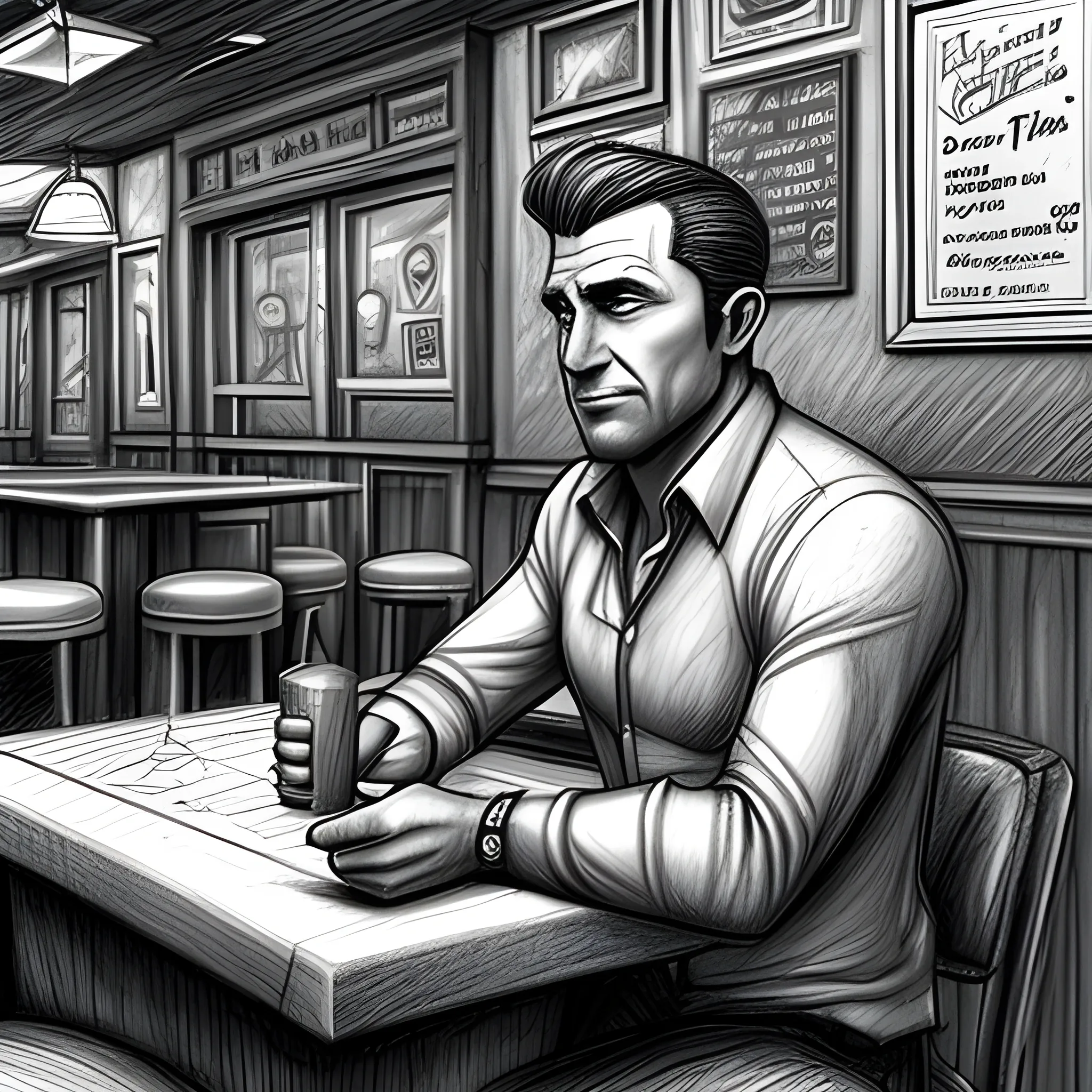 a man in a bar gain the bets
 3D, Pencil Sketch, Cartoon