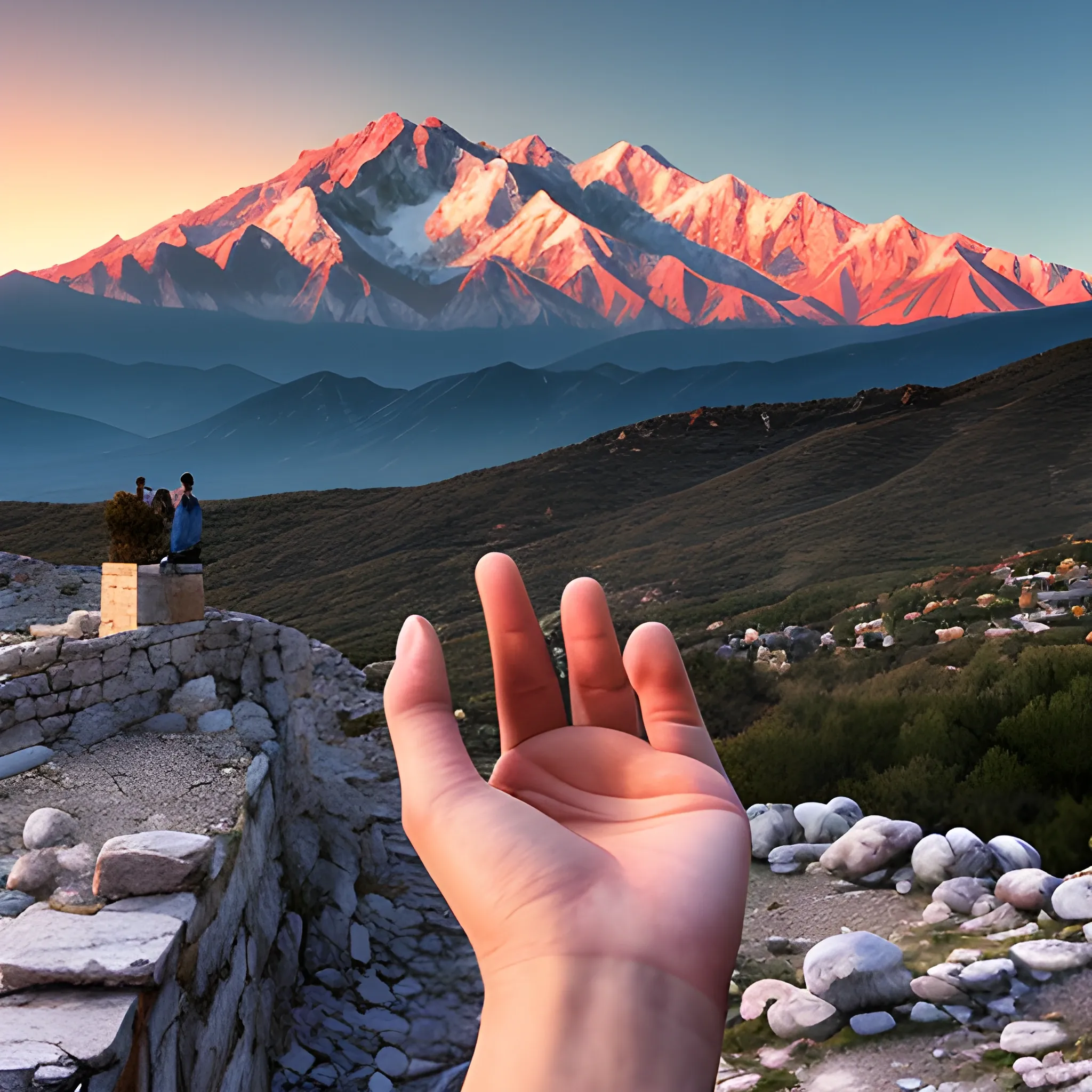 Generate an fantsay image where we see a midaged woman overlooking over the mount canigou, with her hand showing that her future is in het hands. Evening light.

