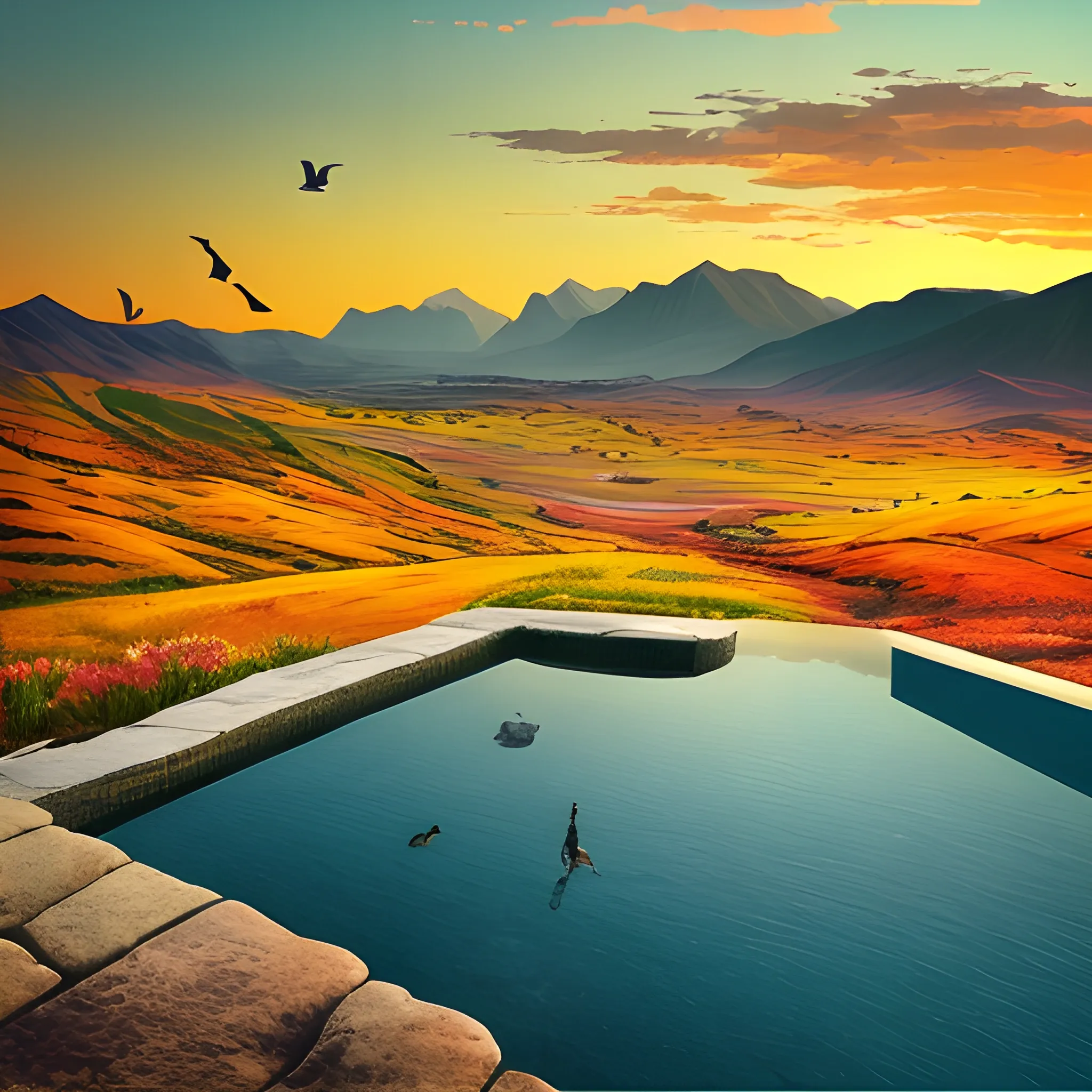 An awe-inspiring landscape showing a mountain range with rolling hills in the foreground. The overall vibe should be adventurous and wanderlust-evoking, with warm tones of oranges and yellows in the sky to convey a sunset or sunrise. A few birds soaring in the sky would add a touch of liveliness to the scene, and a human figure gazing at the view from an infinity pool thinking that the past is in your head and the future is in your hand on the foreground would help to emphasize the vastness of the landscape. 