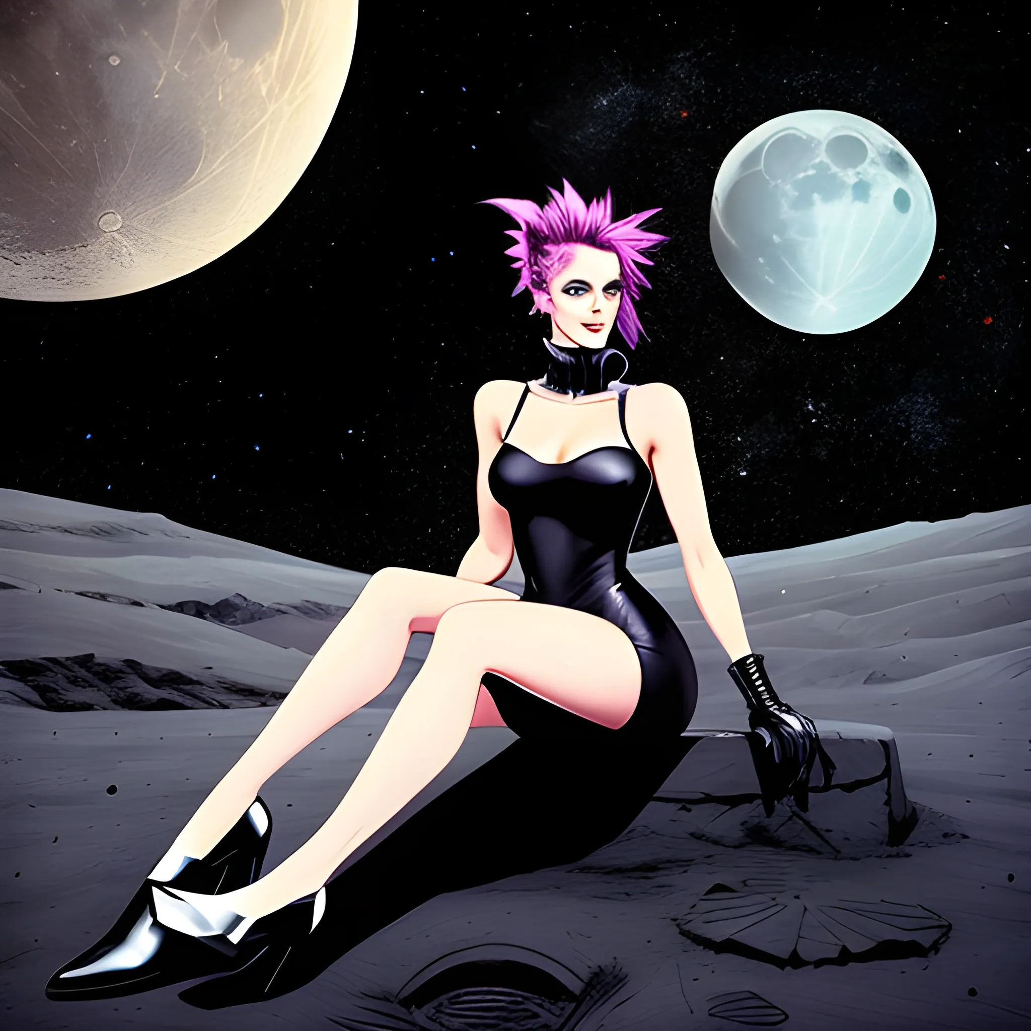 A cute little girl sitting on the moon, punk style, sophisticated clothing