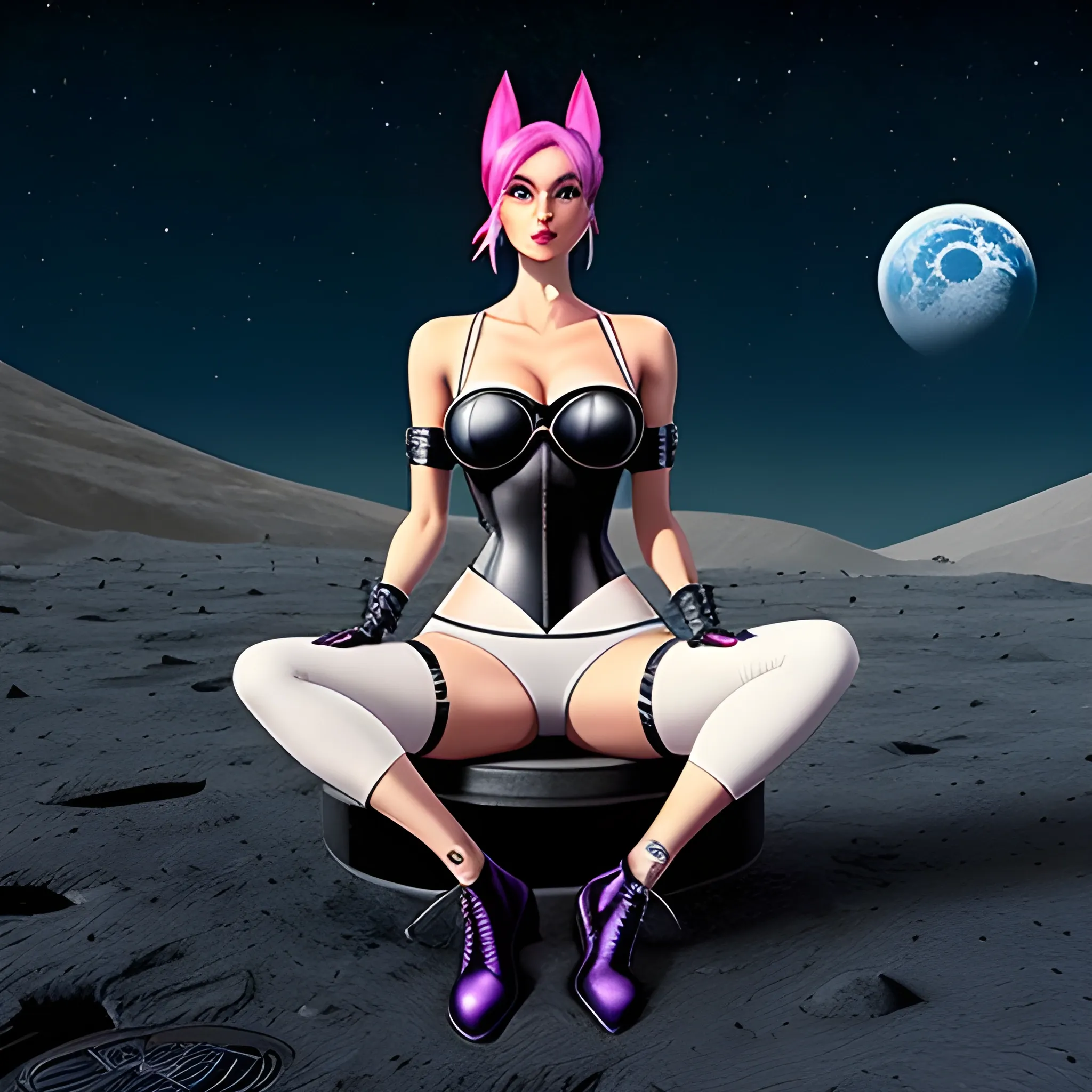 A cute little girl sitting on the moon, punk style, sophisticated clothing