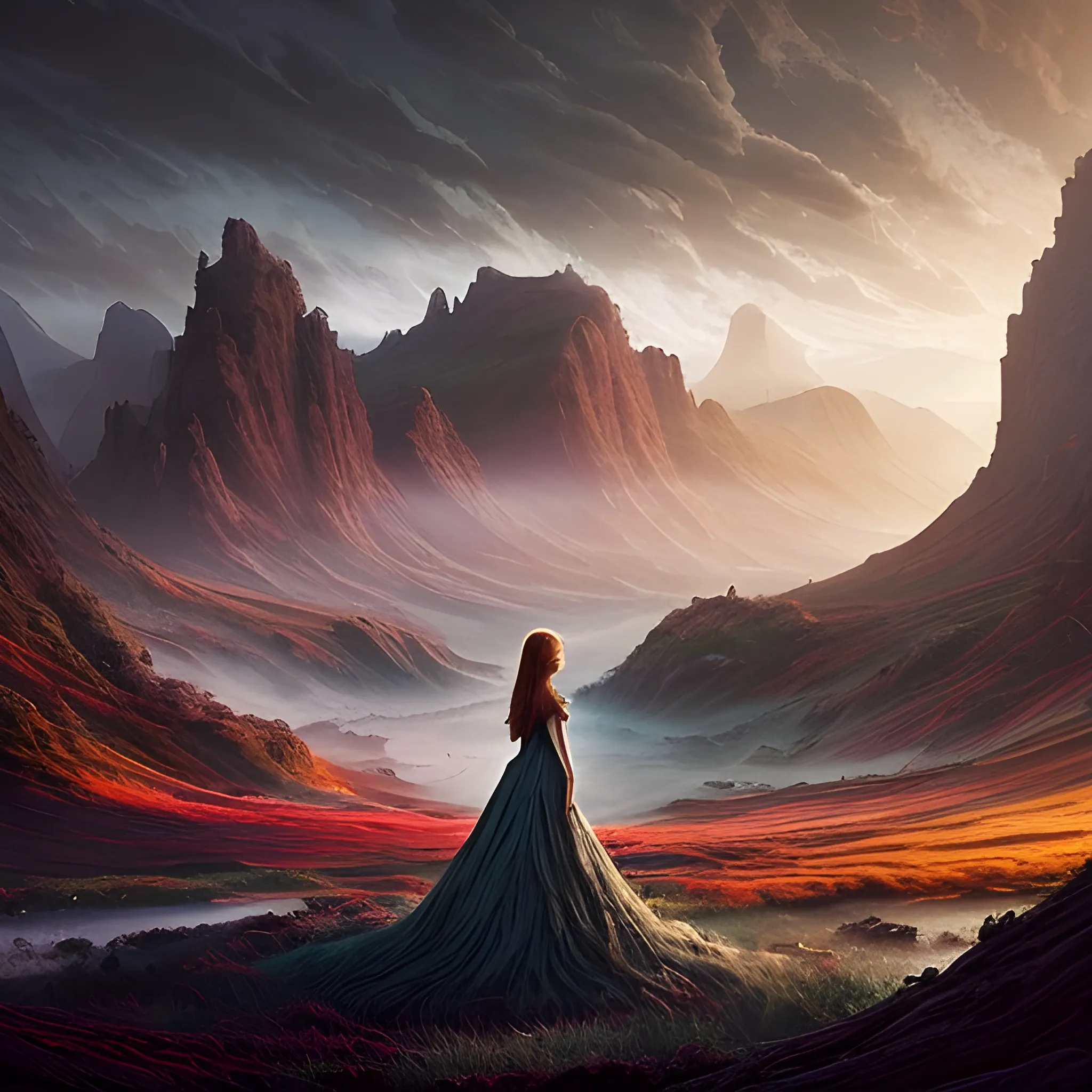 a beautiful landscape photo inspired by arcadia, cinematic atmospheric masterpiece, award winning, hyperdetailed, fantastic, wonderful with a mid-aged modern looking woman with mid-long hair looking at this scenary knowing that the future is in her hands.

