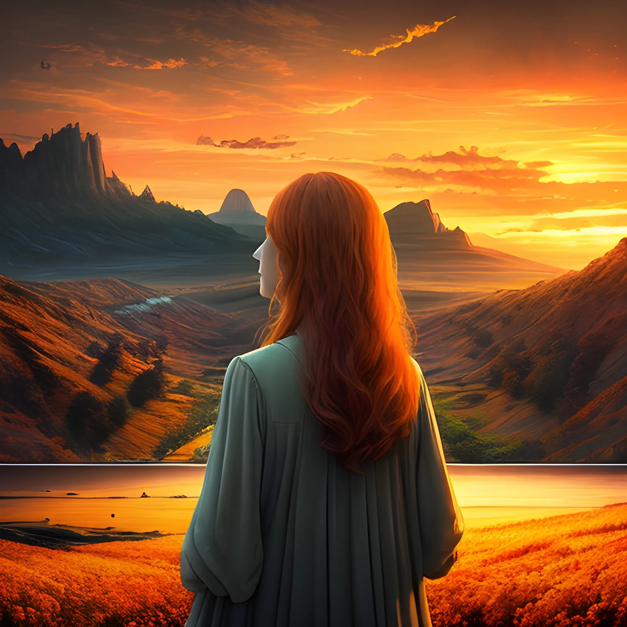 a beautiful landscape photo inspired by arcadia, cinematic atmospheric masterpiece, award winning, hyperdetailed, fantastic with warm tones of oranges and yellows in the sky to convey a sunset or sunrise. wonderful with a mid-aged modern looking woman with mid-long hair looking at this scenary knowing that the future is in her hands.
