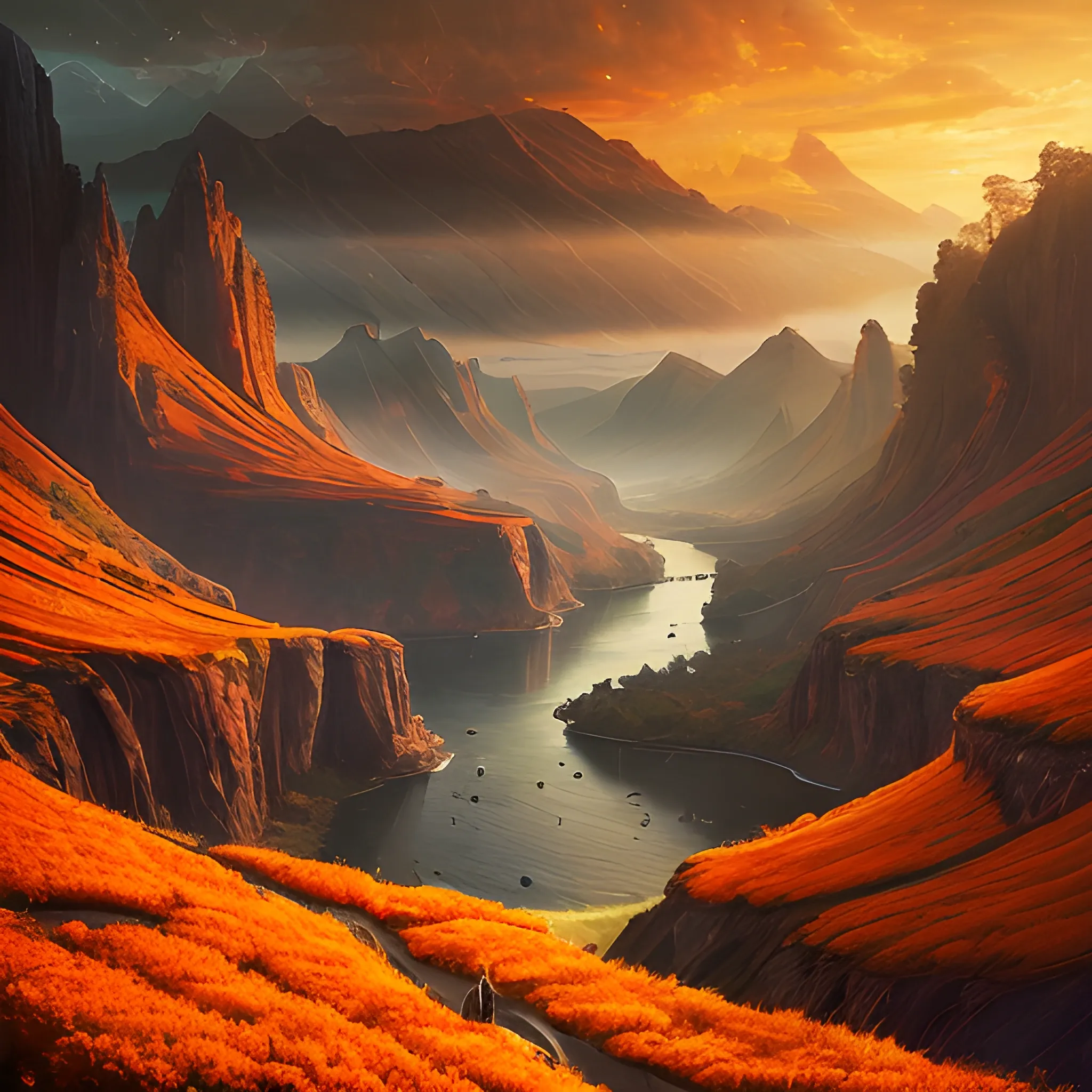 a beautiful landscape photo inspired by arcadia, cinematic atmospheric masterpiece, award winning, hyperdetailed, fantastic with warm tones of oranges and yellows, wonderful with a mid-aged modern looking woman with mid-long hair looking at this scenary knowing that the future is in her hands.