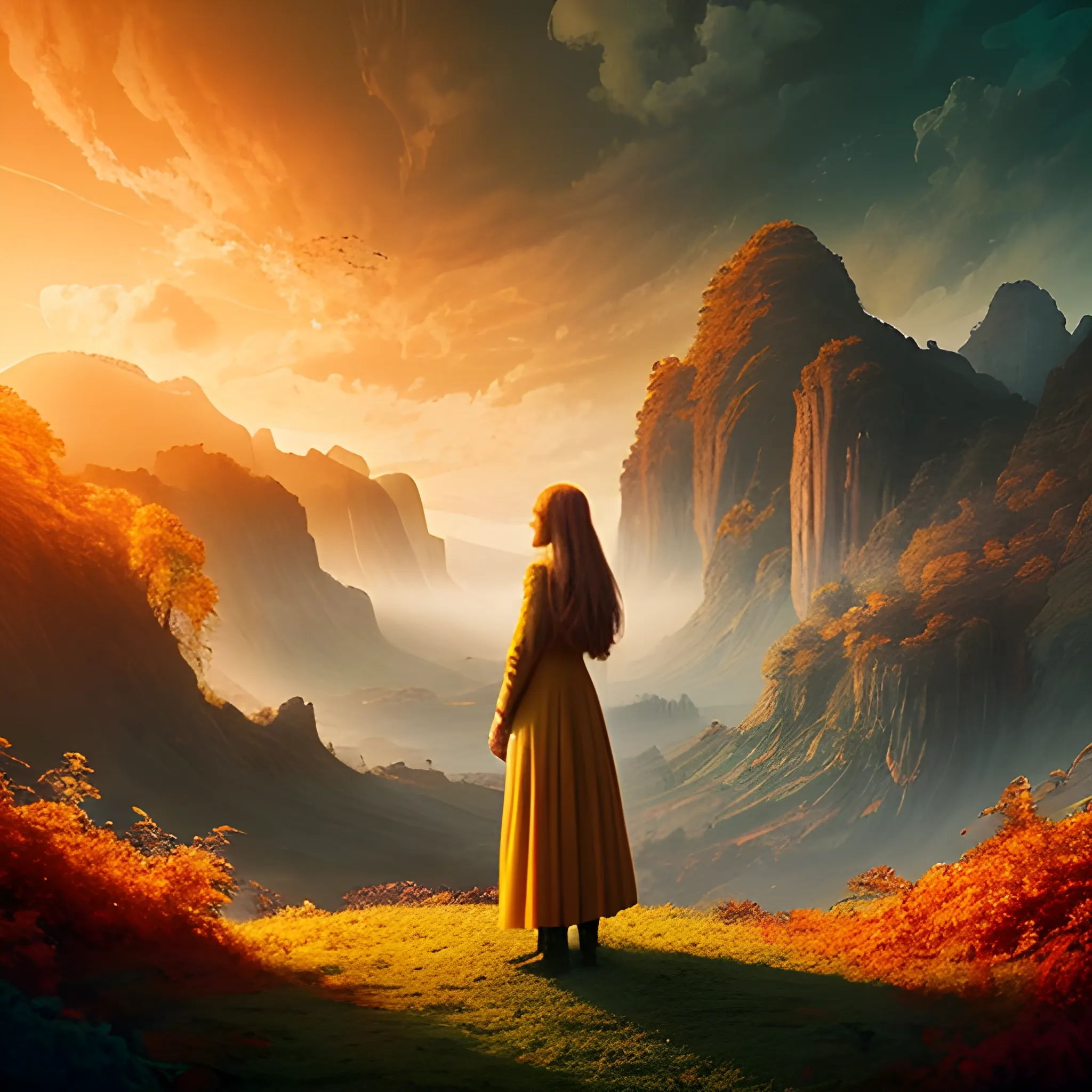 a beautiful landscape photo inspired by arcadia, cinematic atmospheric masterpiece, award winning, hyperdetailed, fantastic, with warm tones of oranges and yellows, wonderful with a mid-aged modern looking woman with mid-long hair looking at this scenary knowing that the future is in her hands.