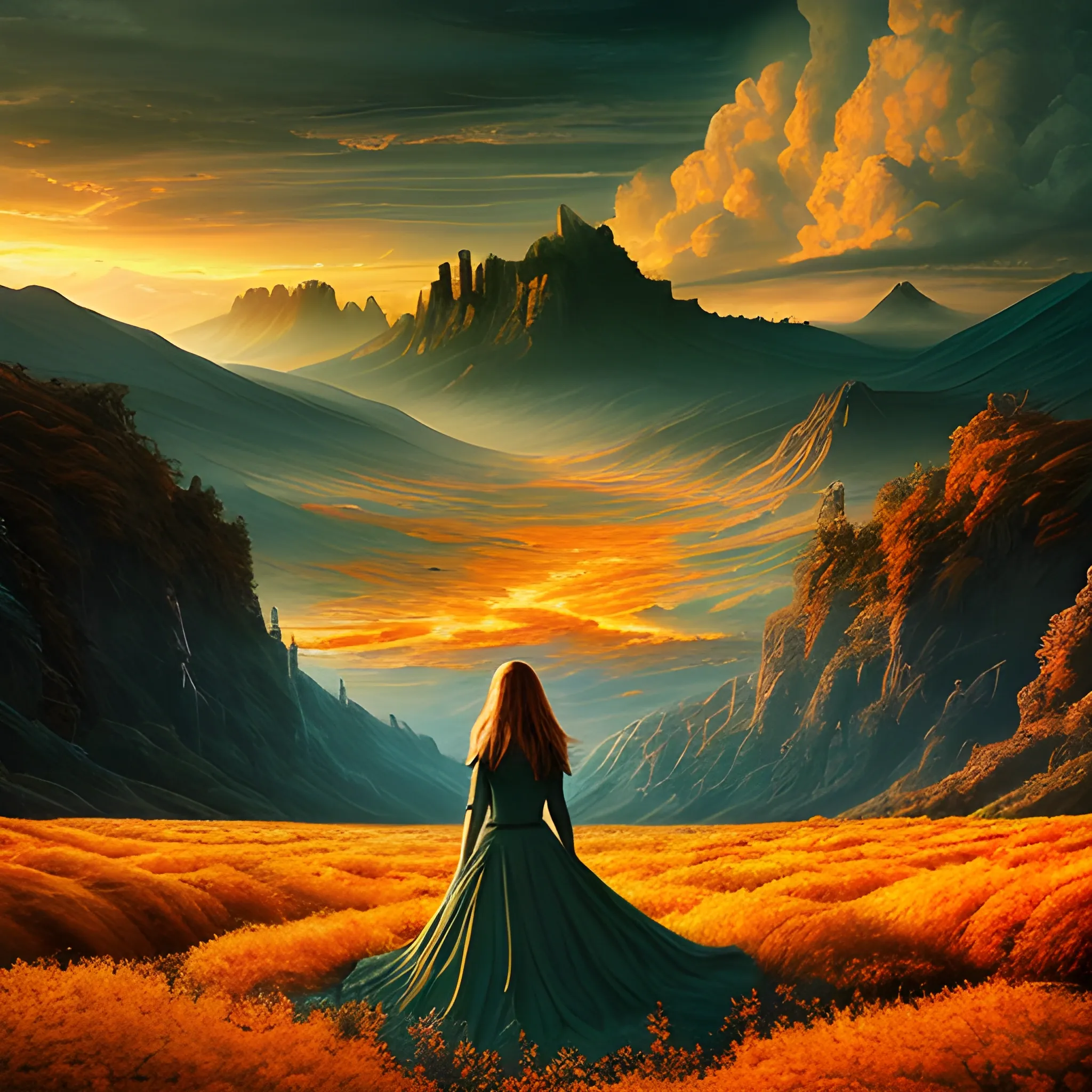 a beautiful landscape photo inspired by arcadia, cinematic atmospheric masterpiece, award winning, hyperdetailed, fantastic, wonderful with a mid-aged modern looking woman with mid-long hair looking at this scenary knowing that the future is in her hands, <ith yellow and orange tones.

