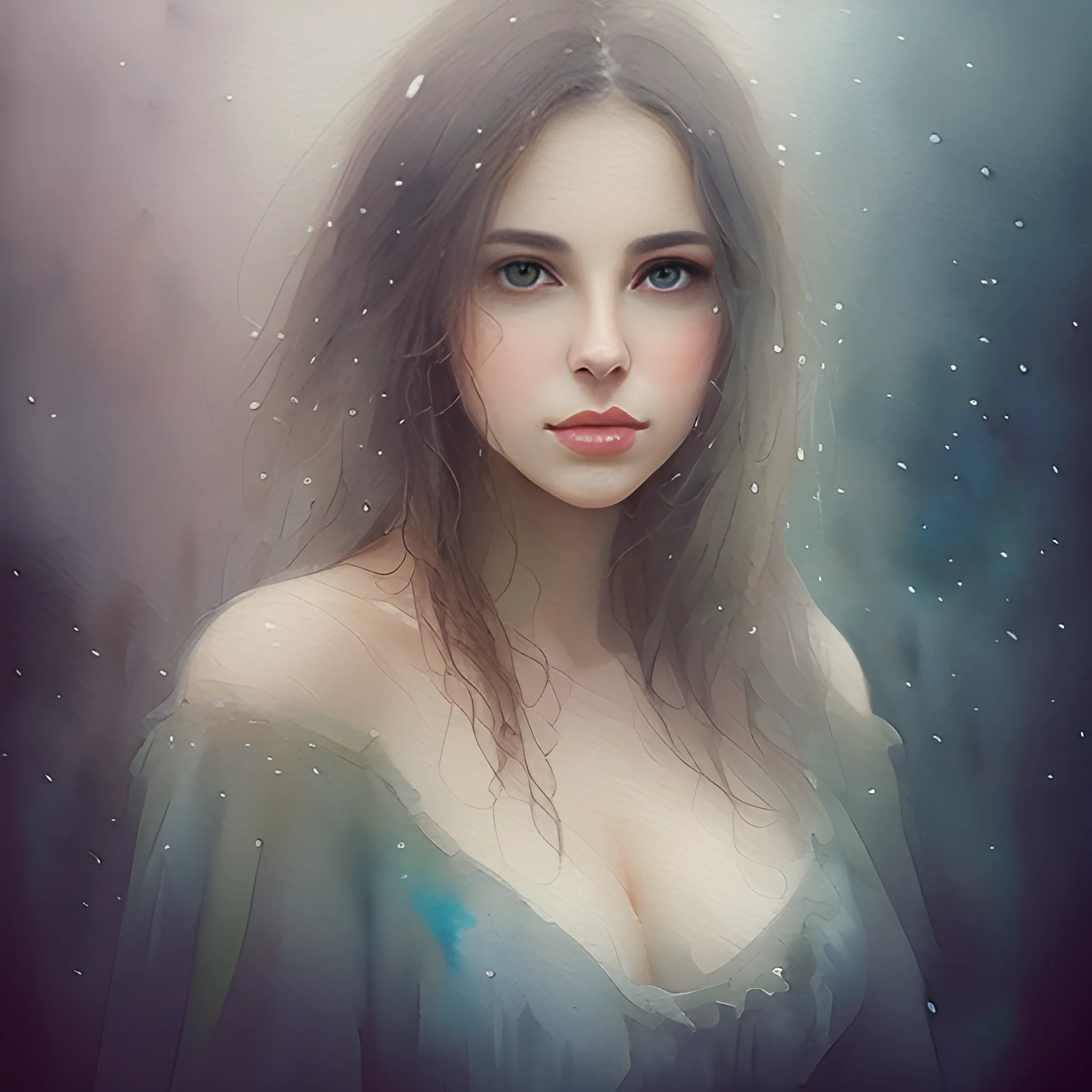 beautiful woman portrait in dense fog, serious, charm, bokeh, watercolor-like, glittering, mystic, ample breassts, 36D,, Water Color

, Oil Painting