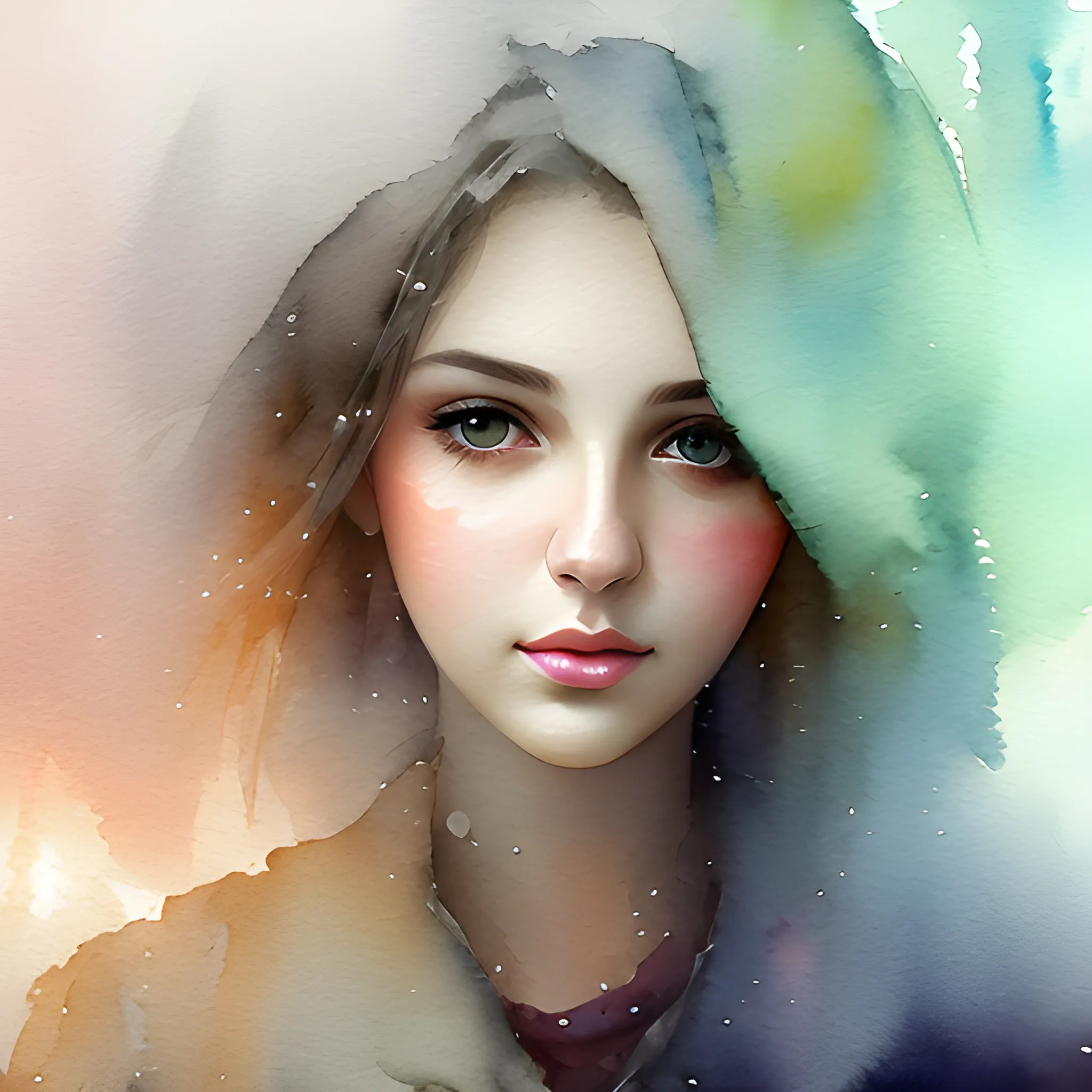 beautiful woman portrait in dense fog, serious, charm, bokeh, watercolor-like, glittering, mystic, ample breassts, 36D,, Water Color

, Oil Painting