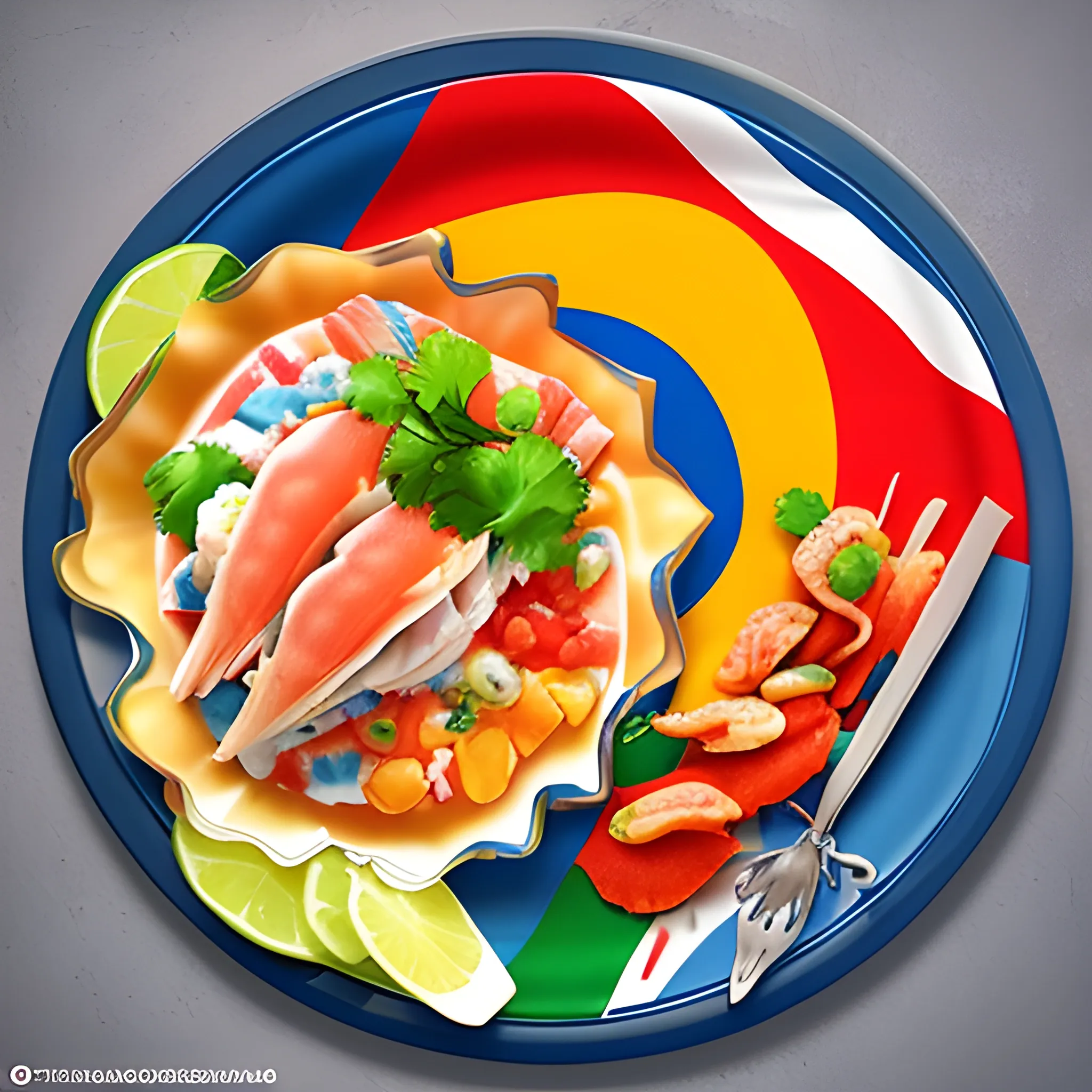 La bandera de Peru puesta en un plato de ceviche de pescado; realistic, 3d
