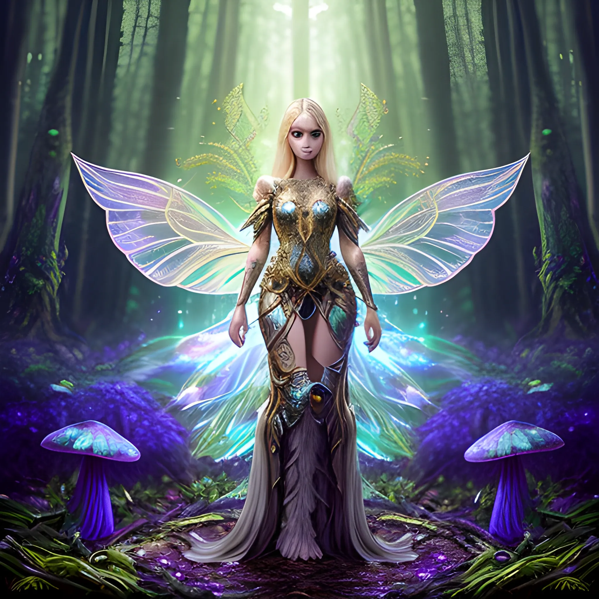 Guardian of the shrooms and dmt armored, woman with iridescent, wing-like pauldrons, standing tall amidst an ethereal grove of towering, luminescent mushrooms, the forest floor covered in sparkling dewdrops, a mystical aura emanating from her presence, the air filled with a soft, golden glow, captured through a hyper-realistic digital painting with a focus on intricate details and a seamless blend of natural and magical elements, rendered using a combination of Blender and Photoshop. dark, mesh top, blonde, lust, 