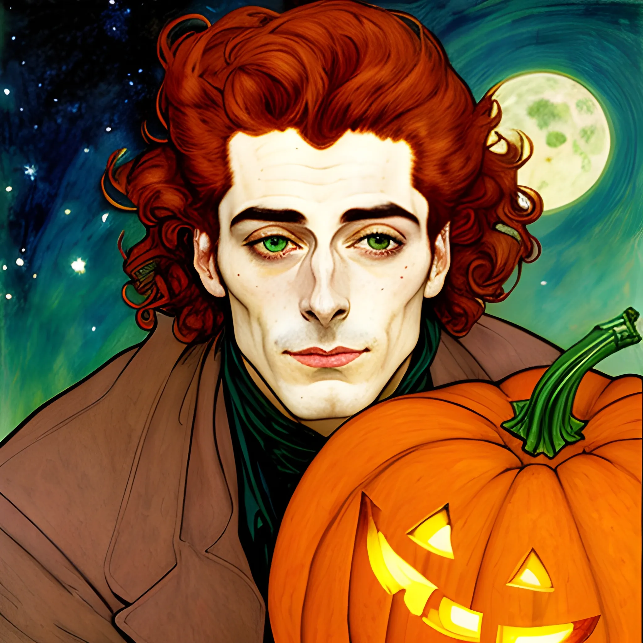 Painting of a handsome young delicate beautiful softly freckled man in his 20s with green eyes and long, curly red hair, at the giant jack o'lantern halloween party; pumpkins, perfect purple pumpkins, green skulls, orange bats, magic, candles, neon spray paint, acrylic paint, fantastical, elegant, stylized art, under a painted nebula sky, full moon; bats, pumpkins, spooky ambiance, Halloween Night art by alphonse mucha, vincent van gogh, egon schiele
