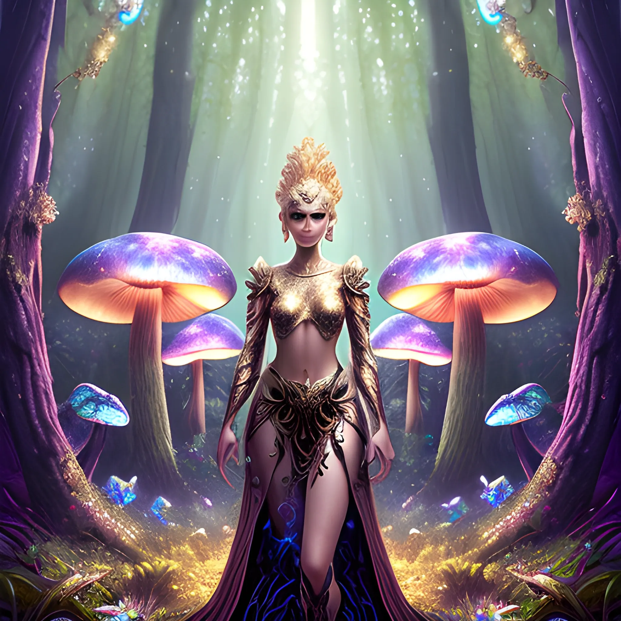 Guardian of the shrooms and dmt armored, woman with iridescent, wing-like pauldrons, standing tall amidst an ethereal grove of towering, luminescent mushrooms, the forest floor covered in sparkling dewdrops, a mystical aura emanating from her presence, the air filled with a soft, golden glow, captured through a hyper-realistic digital painting with a focus on intricate details and a seamless blend of natural and magical elements, rendered using a combination of Blender and Photoshop. dark, mesh top, blonde, lust, , Trippy, Trippy