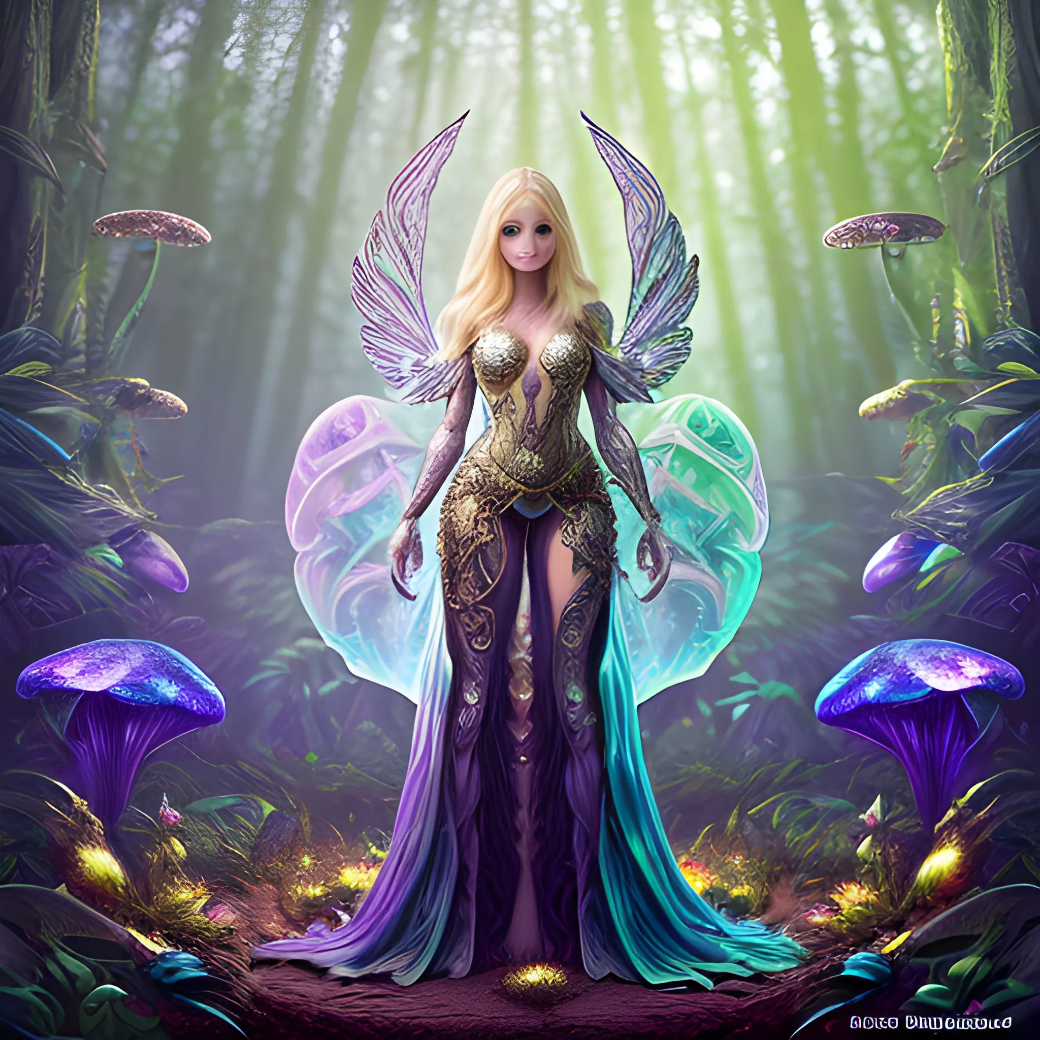 Guardian of the shrooms and dmt armored, woman with iridescent, wing-like pauldrons, standing tall amidst an ethereal grove of towering, luminescent mushrooms, the forest floor covered in sparkling dewdrops, a mystical aura emanating from her presence, the air filled with a soft, golden glow, captured through a hyper-realistic digital painting with a focus on intricate details and a seamless blend of natural and magical elements, rendered using a combination of Blender and Photoshop. dark, mesh top, blonde, lust, Cartoon