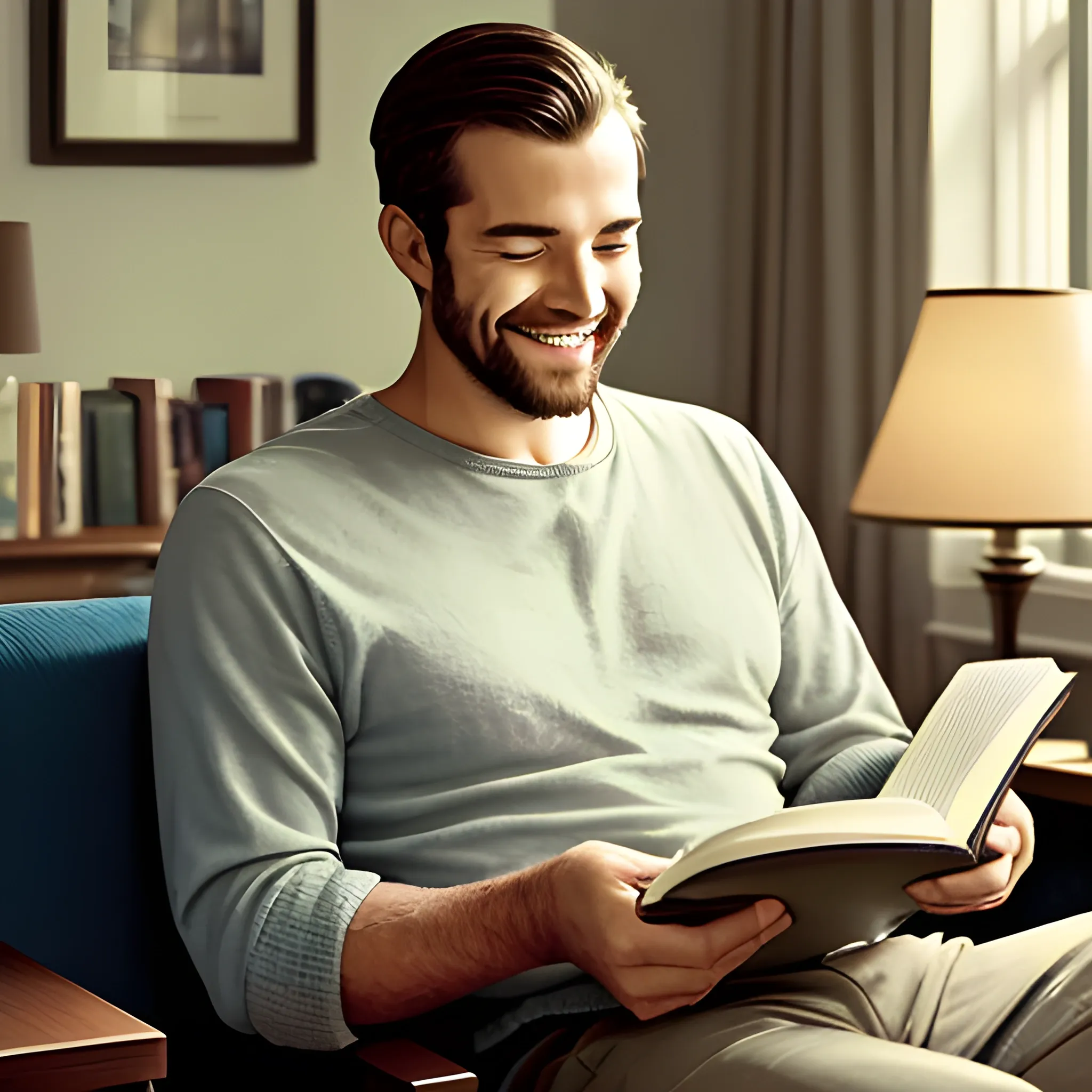 A man reading a book in a very light living room with a smile on his face, and a nightstand, complementing the scene with a lamp