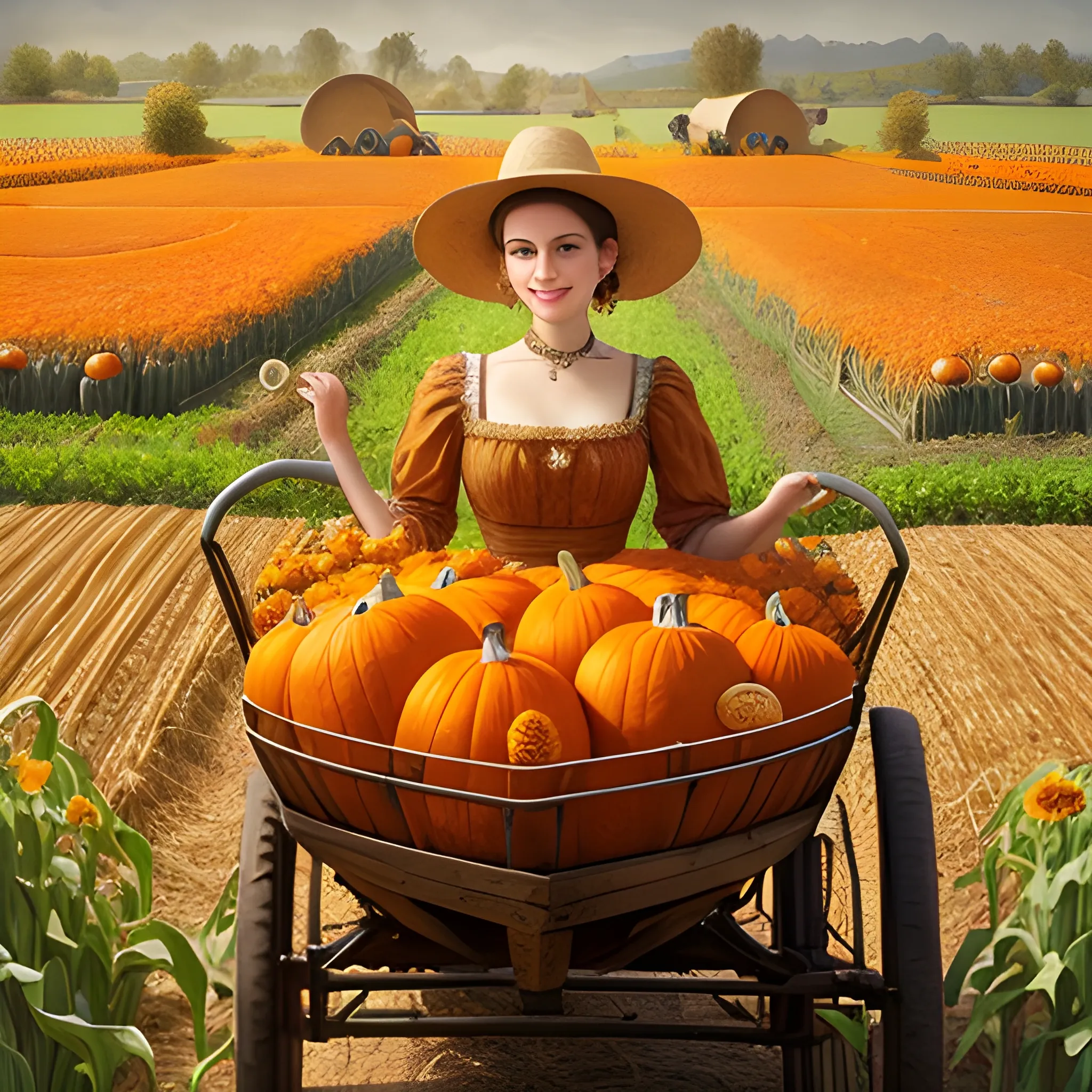  Masterpiece, scenic pumpkin patch, a beautiful woman, unspeakably beautiful meticulously detailed clear smiling eyes, smiling lips, beautiful face, full body figure, pushing a wooden cart of pumpkins and gourds, corn, marigolds, pumpkins, by Tom Bagshaw, beautiful, vines, hay bales, by Dutch style 