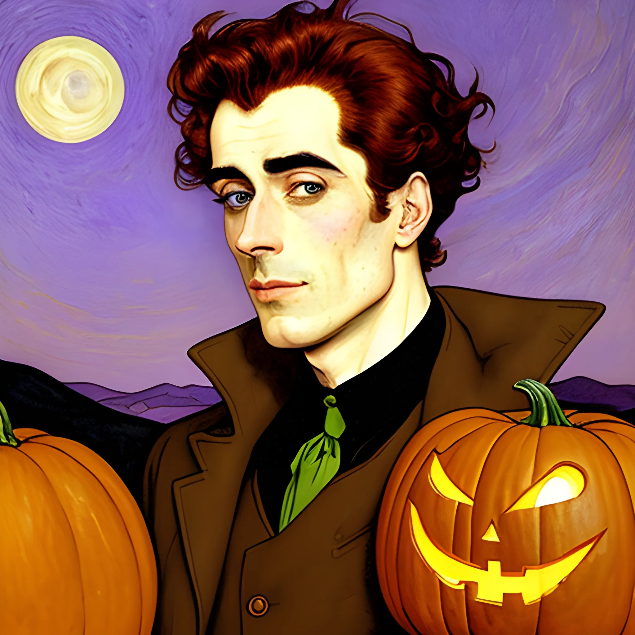 Painting of a handsome young delicate beautiful softly freckled man in his 20s with green eyes and long, curly red hair, at the giant jack o'lantern halloween party; pumpkins, perfect purple pumpkins, green skulls, orange bats, magic, candles, neon spray paint, acrylic paint, fantastical, elegant, stylized art, under a painted nebula sky, full moon; bats, pumpkins, spooky ambiance, Halloween Night art by alphonse mucha, vincent van gogh, egon schiele