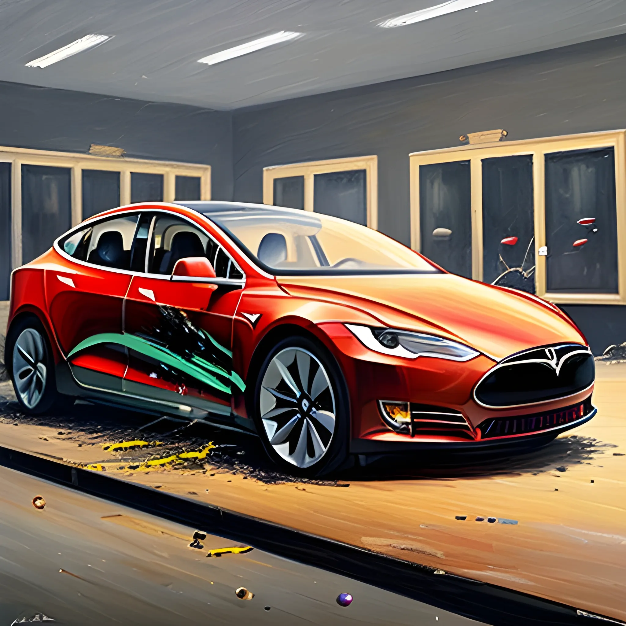 , Oil Painting attack on tesla car with bullet shooting that  break front glass 
