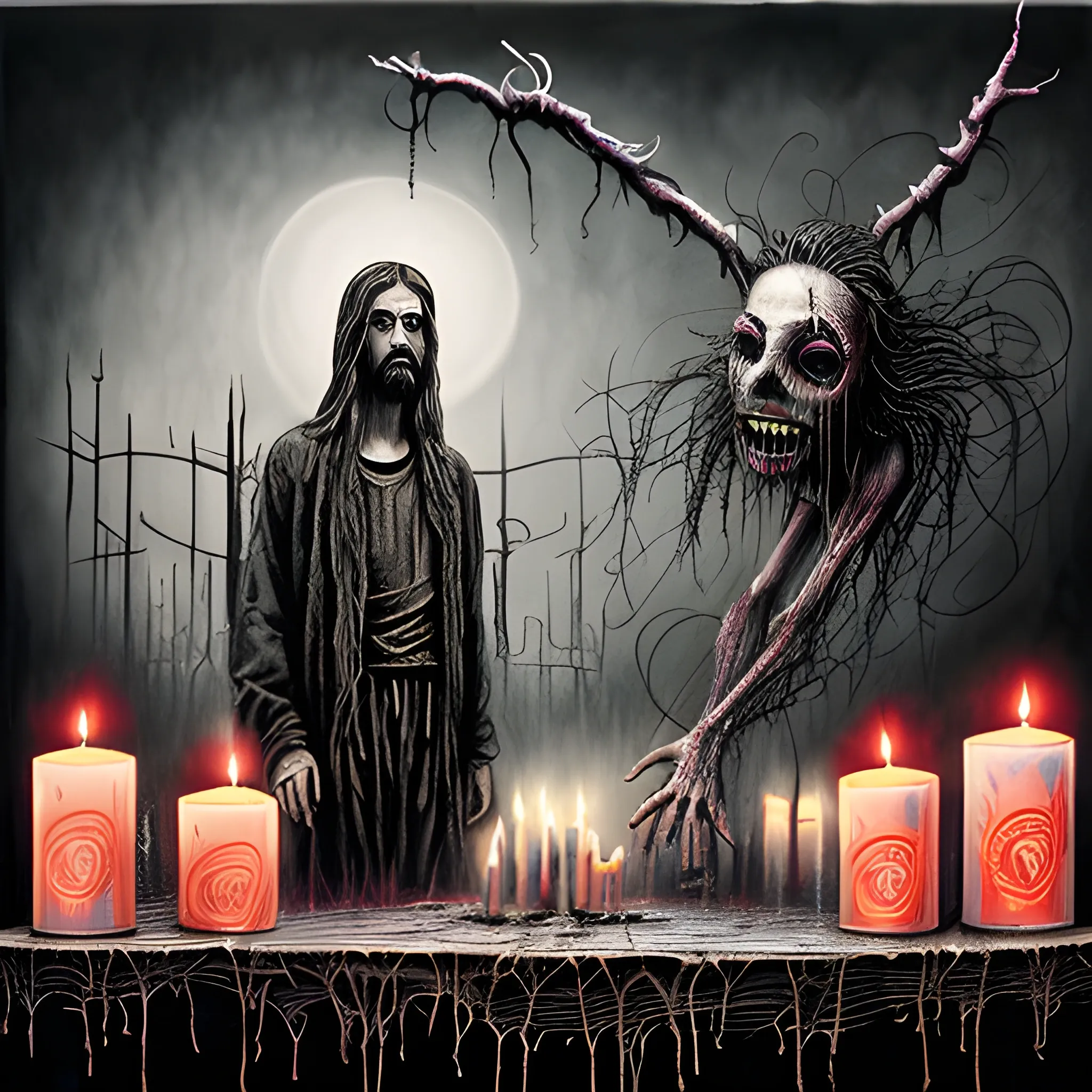  Masterpiece, scenic; Jesus and a demon playing basketball, neon spray paint, acrylic paint, fantastical surrealist world, in the style of Stephen Gammell and Shawn Coss, extremely detailed, sick, gothic, eldritch, candles