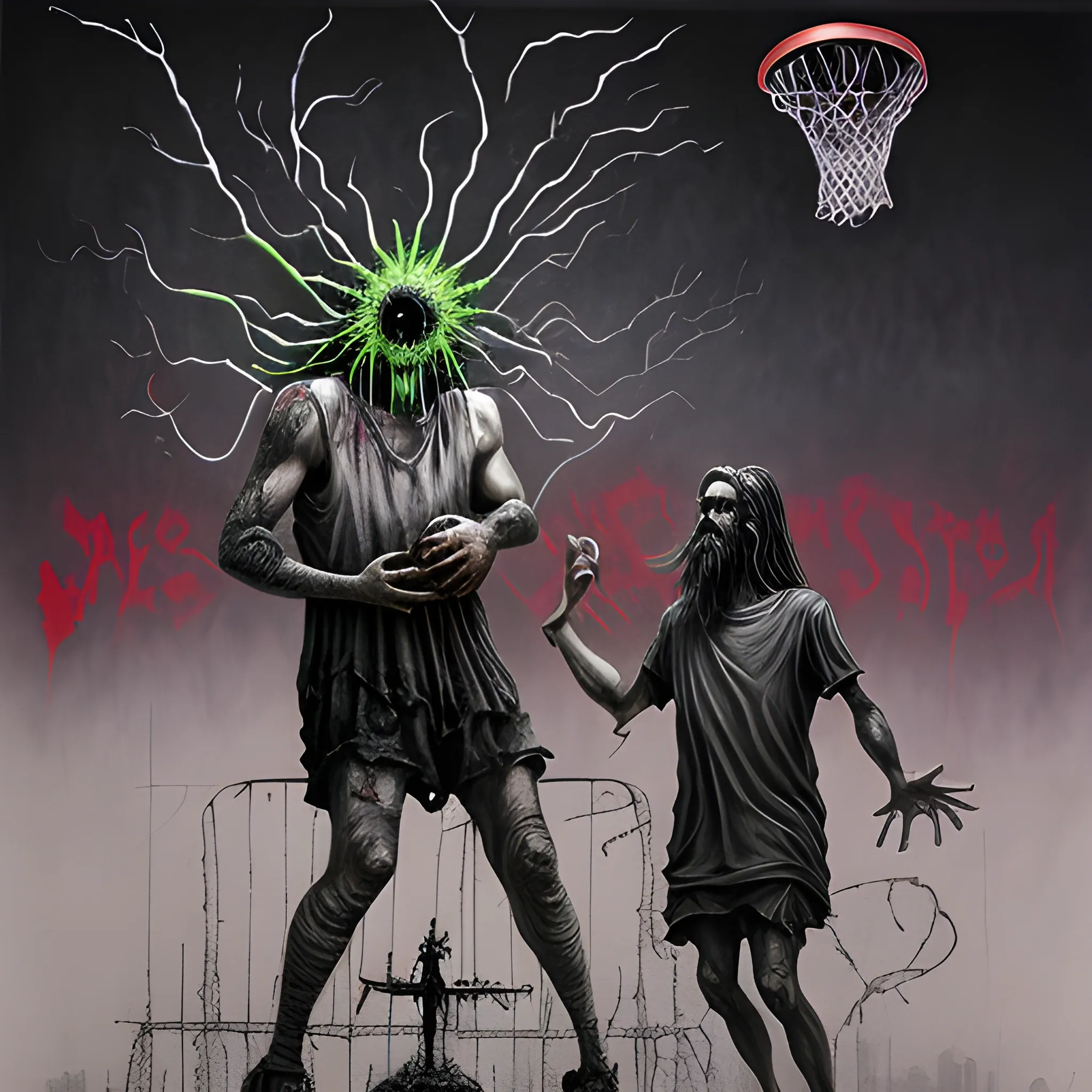  Masterpiece, scenic; Jesus and a demon playing basketball, neon spray paint, acrylic paint, fantastical surrealist world, in the style of Stephen Gammell and Shawn Coss, extremely detailed, sick, gothic, eldritch