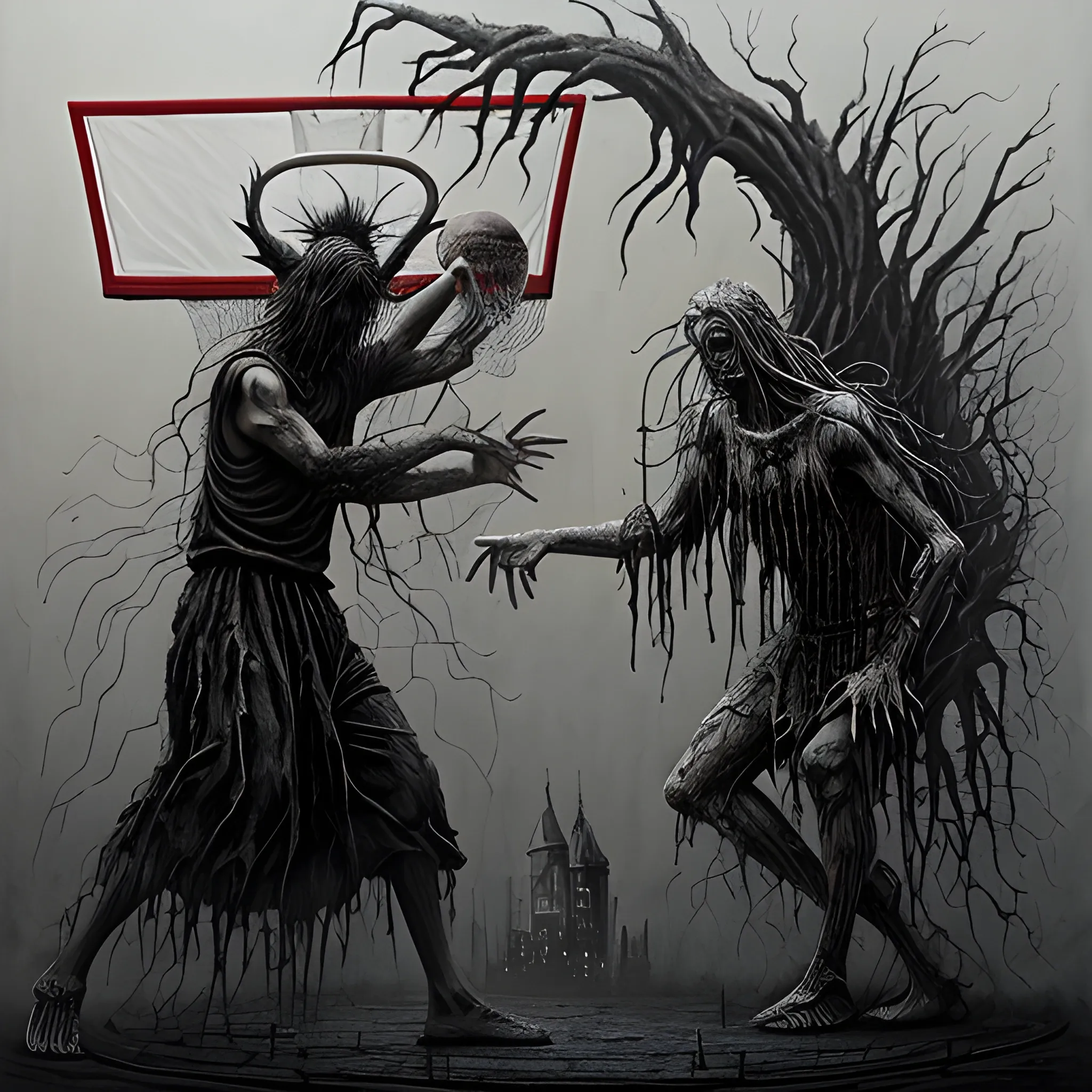  Masterpiece, scenic; Jesus and a demon playing basketball, neon spray paint, acrylic paint, fantastical surrealist world, in the style of Stephen Gammell and Shawn Coss, extremely detailed, sick, gothic, eldritch