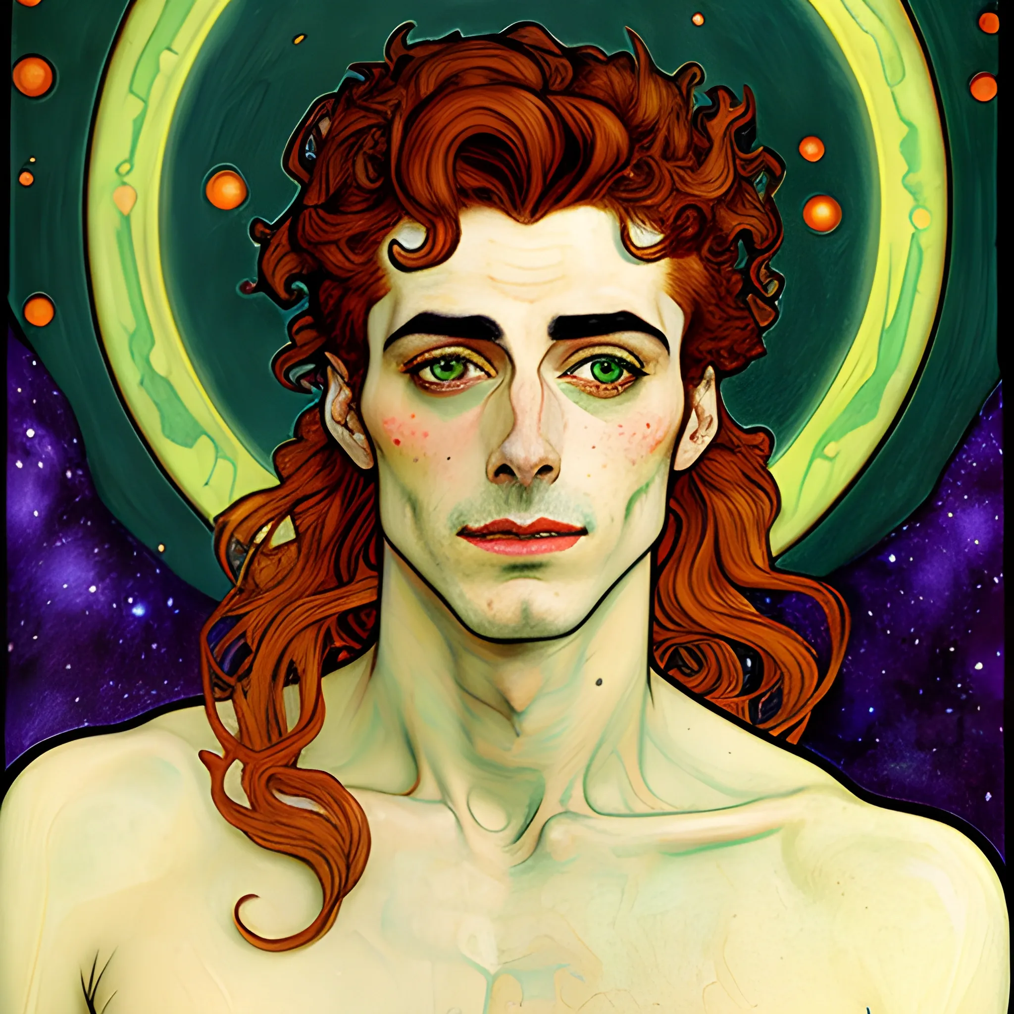 Painting of a handsome young delicate beautiful softly freckled man in his 20s with green eyes and long, curly red hair, at the giant jack o'lantern halloween party; pumpkins, perfect purple pumpkins, green skulls, orange bats, magic, candles, neon spray paint, acrylic paint, fantastical, elegant, stylized art, under a painted nebula sky, full moon; bats, pumpkins, spooky ambiance, Halloween Night art by alphonse mucha, vincent van gogh, egon schiele