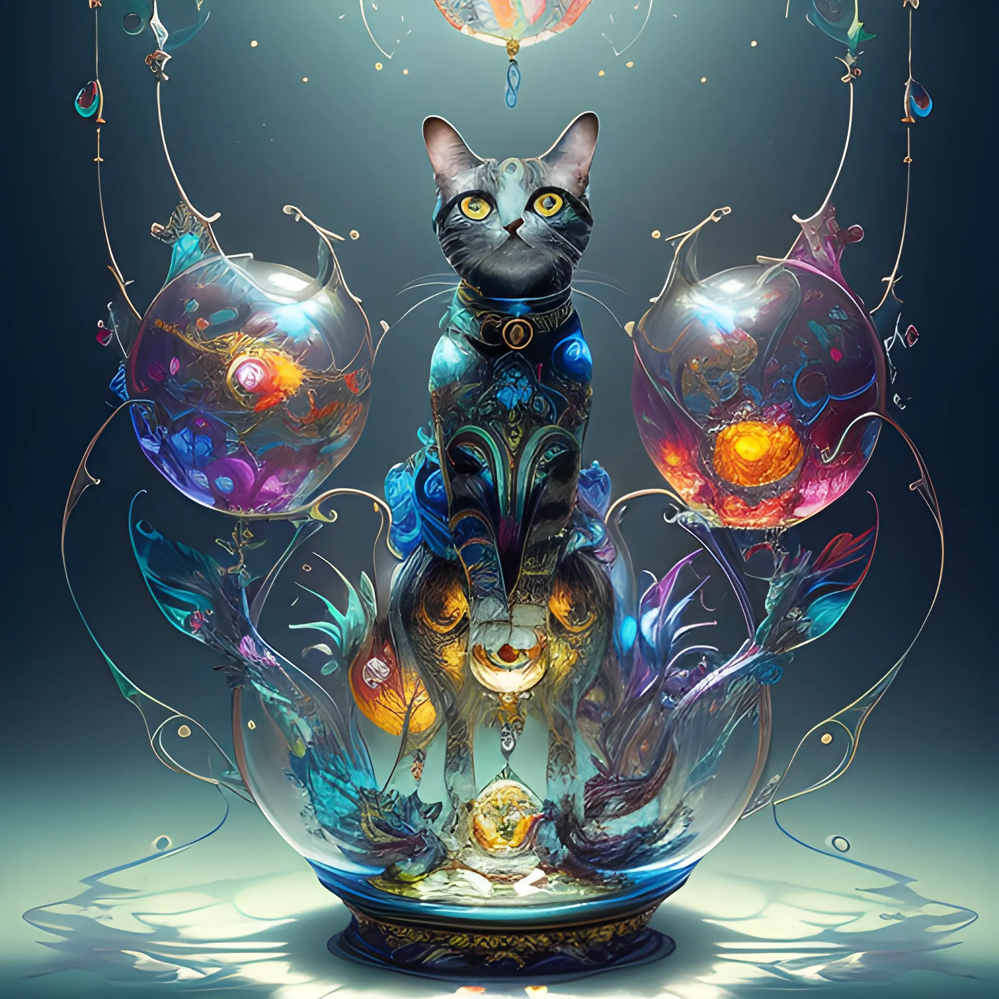 Intricate illuminated cat made of blown glass catch a fish in the air, breathtaking borderland fantasycore artwork by Android Jones, Jean Baptiste monge, Alberto Seveso, Erin Hanson, Jeremy Mann. maximalist highly detailed and intricate professional_photography, a masterpiece, 8k resolution concept art, Artstation, triadic colors, Unreal Engine 5, cgsociety