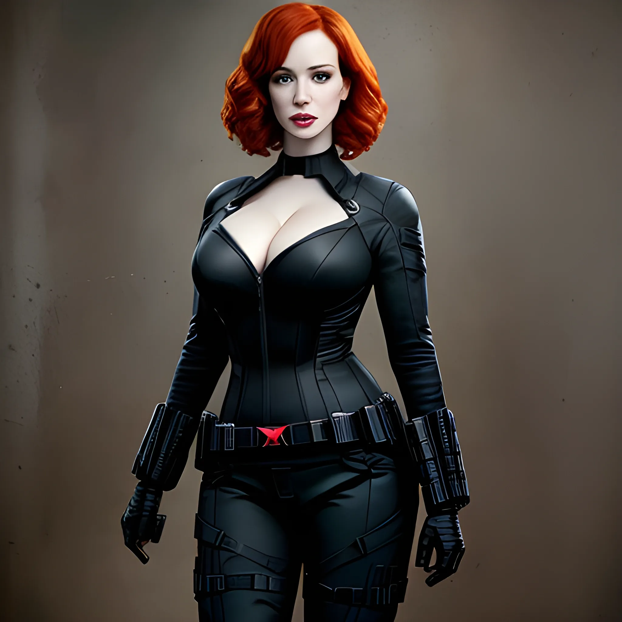 Ultra realistic photo portrait of Christina Hendricks, full body, beautiful face, in Black Widow from Marvel comic's costume,