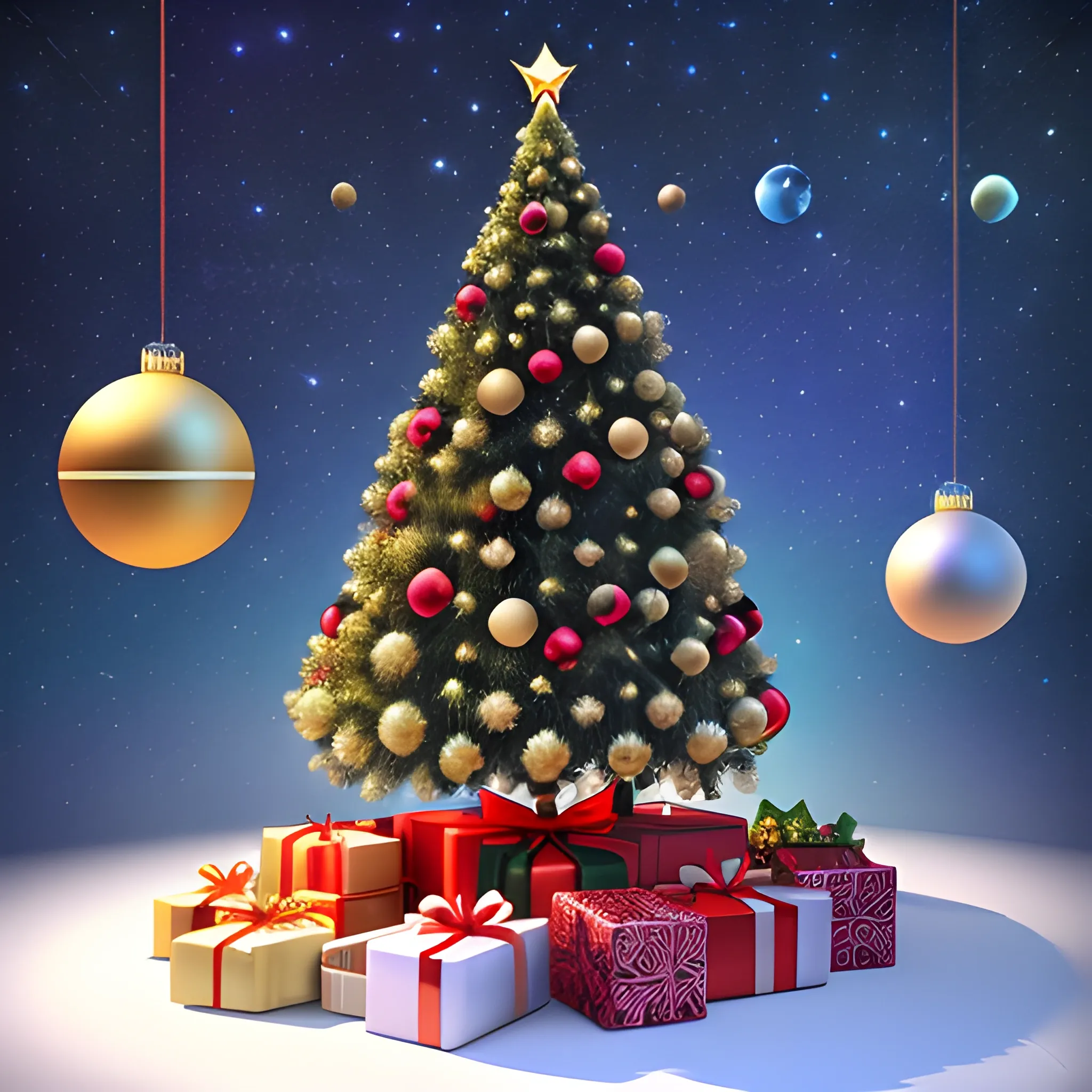 Exotic Christmas in space celebration, without tree, 3D, realistic 