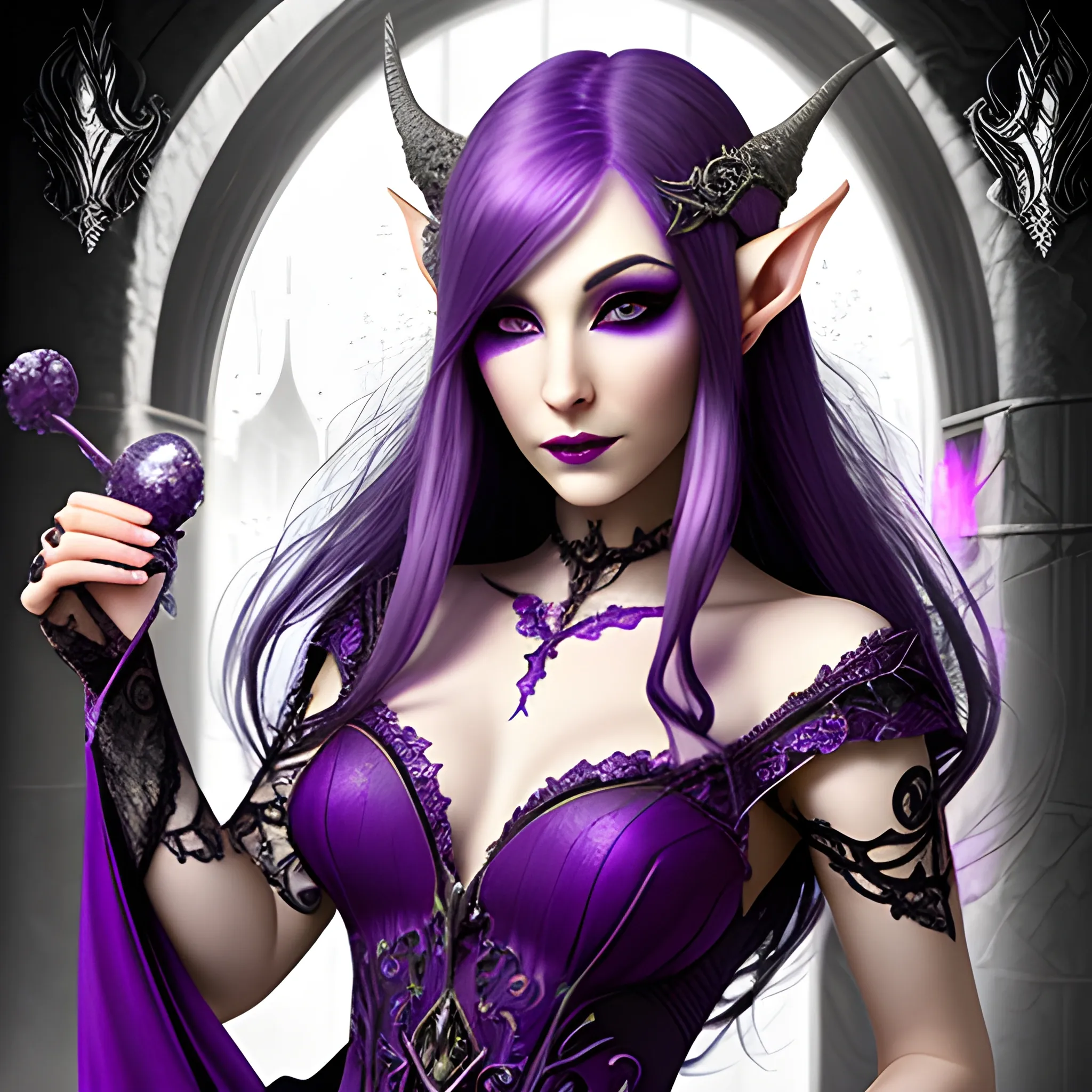 Beautiful blood elven sorceress with purple hair and deep purple eyes with a beautiful open dress