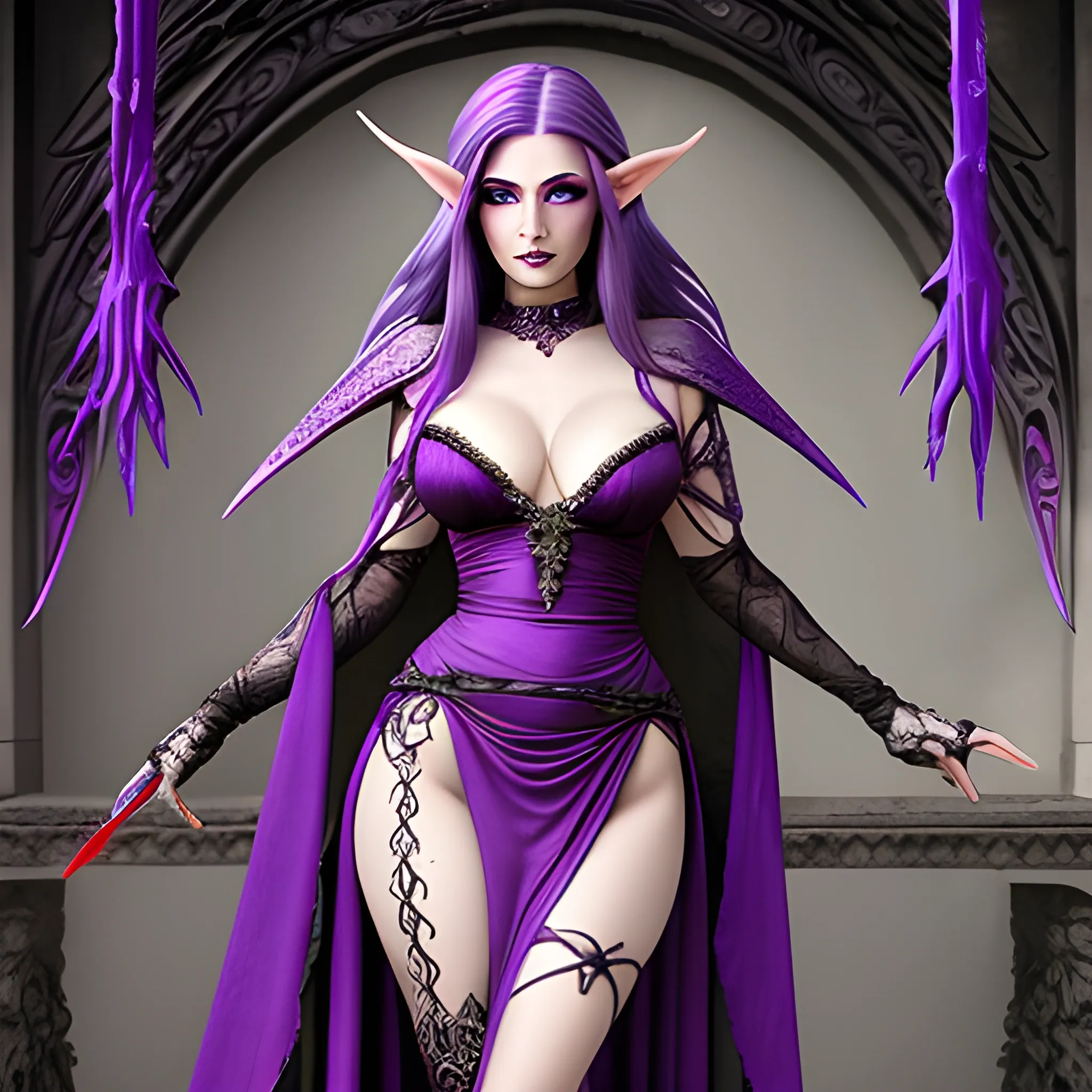 Beautiful blood elven sorceress with purple hair and deep purple eyes with a beautiful dress showing off her clevage and thighs