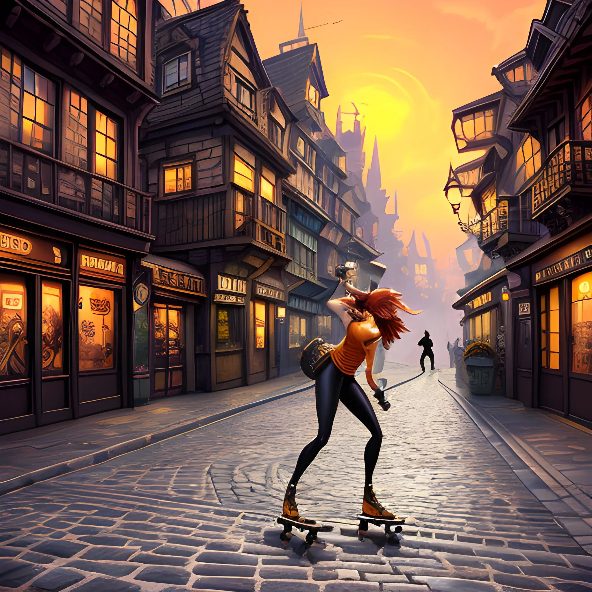 Content: A  skater woman Medium: Detailed illustration.Styles: Fusion of realism and urban fantasy elements, reminiscent of Hayao Miyazaki’s style and the steampunk world.Lighting: Warm and golden sunset light, casting elongated shadows that enhance the texture of the cobblestone street.Colors: Shades of orange, pink, and soft blue, with golden touches from the setting sun. Subtle contrasts for a warm atmosphere.Composition: Captured with an imaginary «Steampix Pro X» camera equipped with an «AetherLens 35mm» f/1.8 aperture. The shot is a medium-angle motion capture, depicting the skater’s fluid movement along the cobblestone street. The slightly tilted angle adds dynamism and energy to the scene, and the young skater is positioned in the lower-right third of the composition to balance the visual space.

