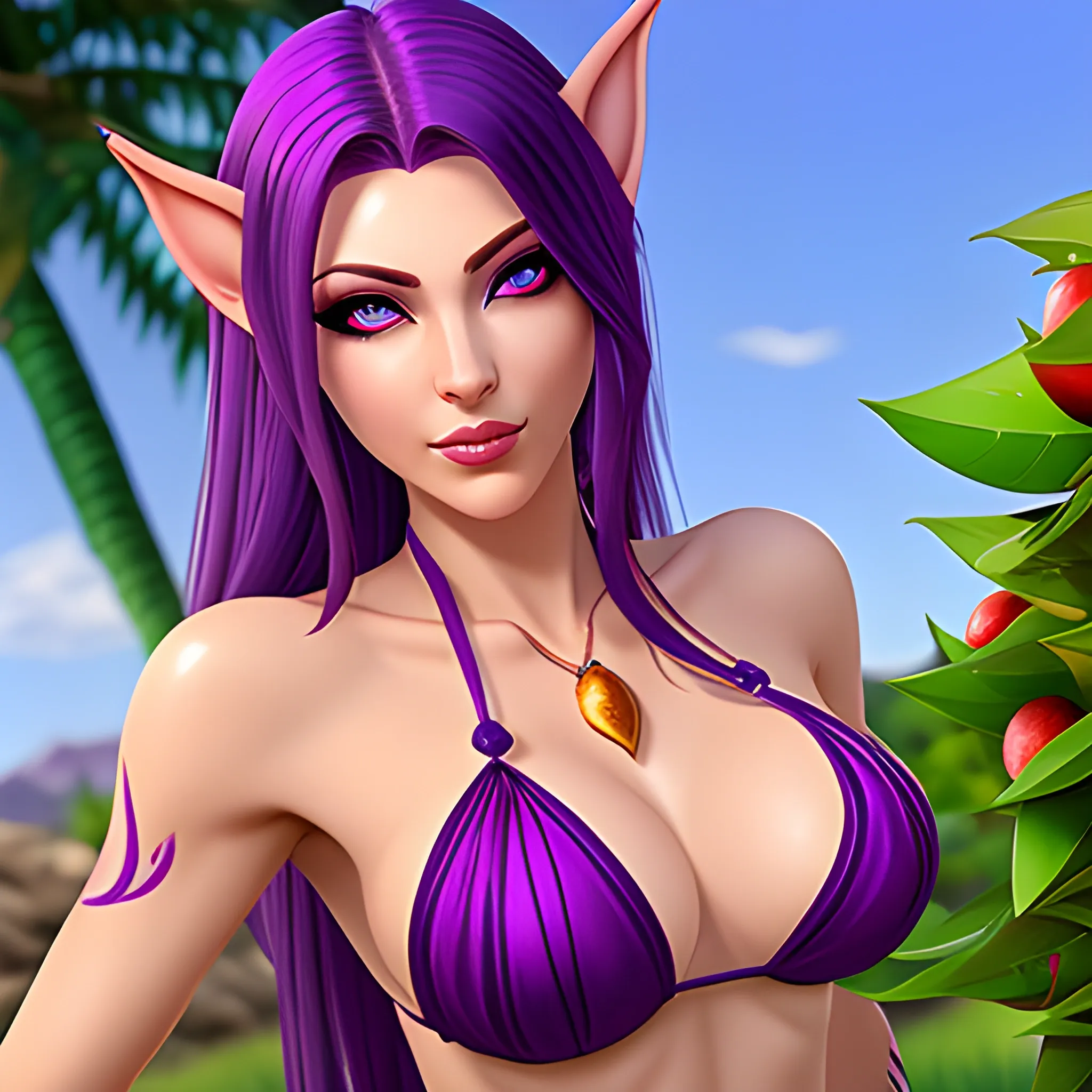 Beautiful blood elf with purple hair and purple eyes in a bikini picking up a fruit
