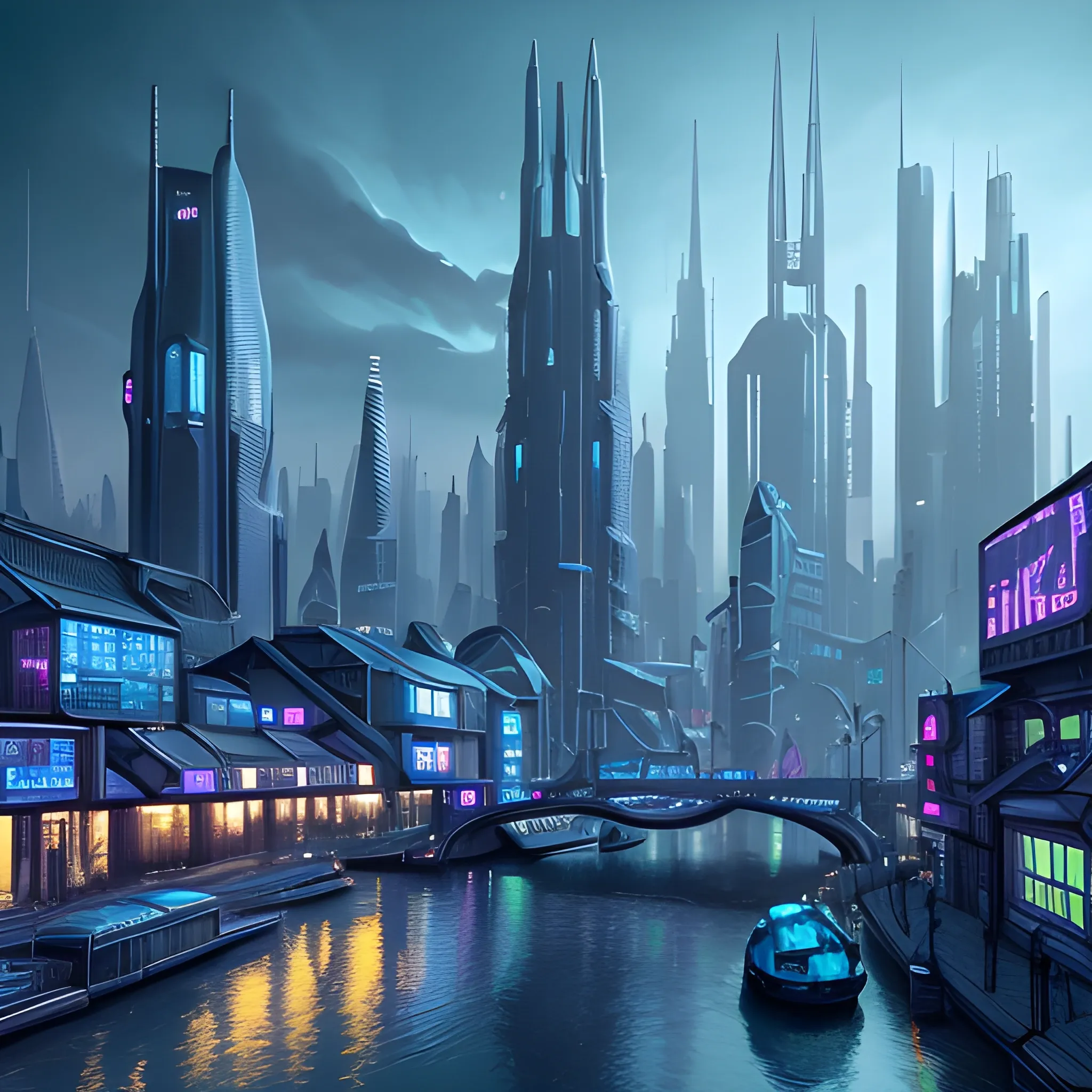 Main space city with spire style buildings, cyberpunk style blue tones, cityscape of bridges and canals, surreal, ultra high quality