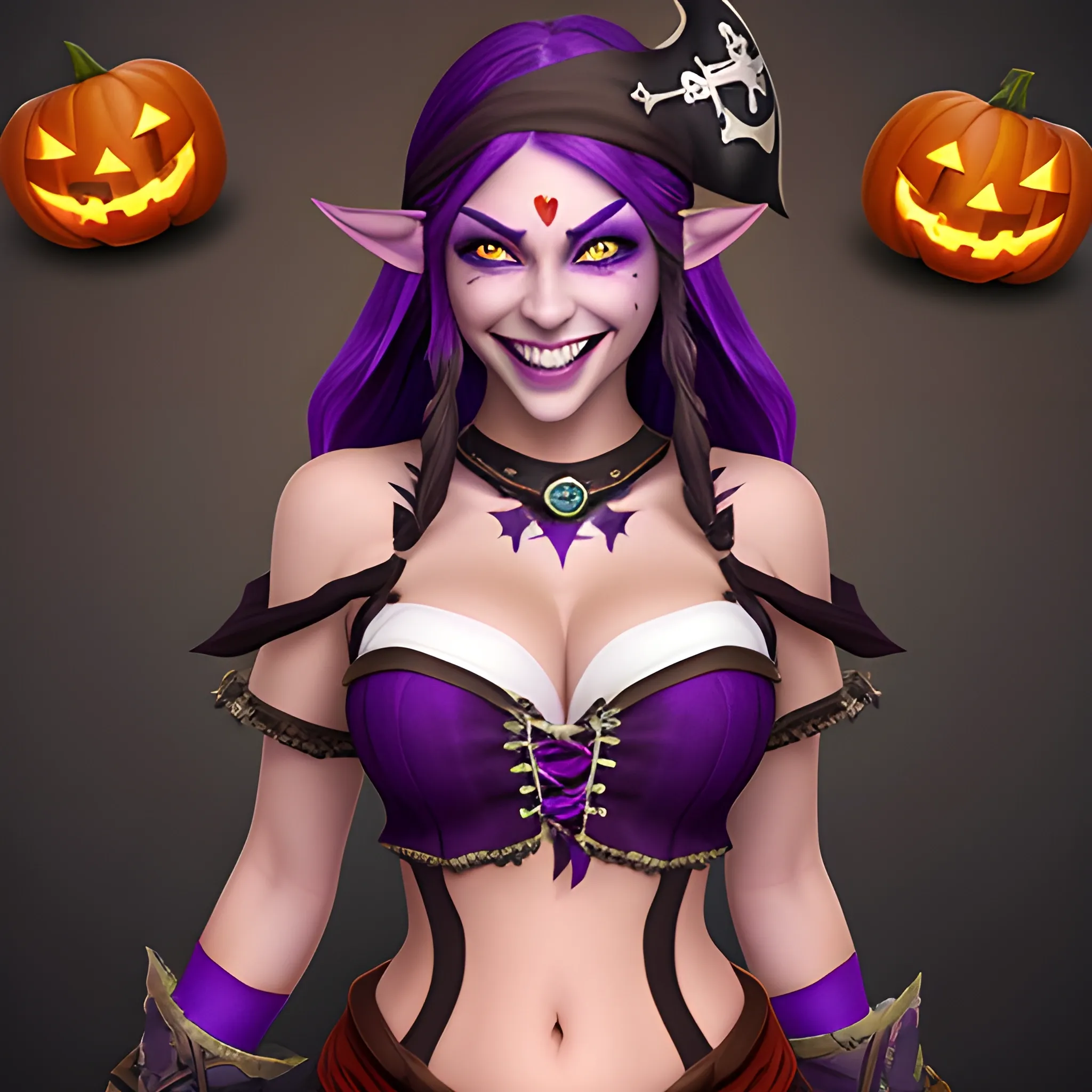 Pretty but scarred Night Elf female with a beautiful smile wearing an open chested croptop and a pirate outfit for halloween