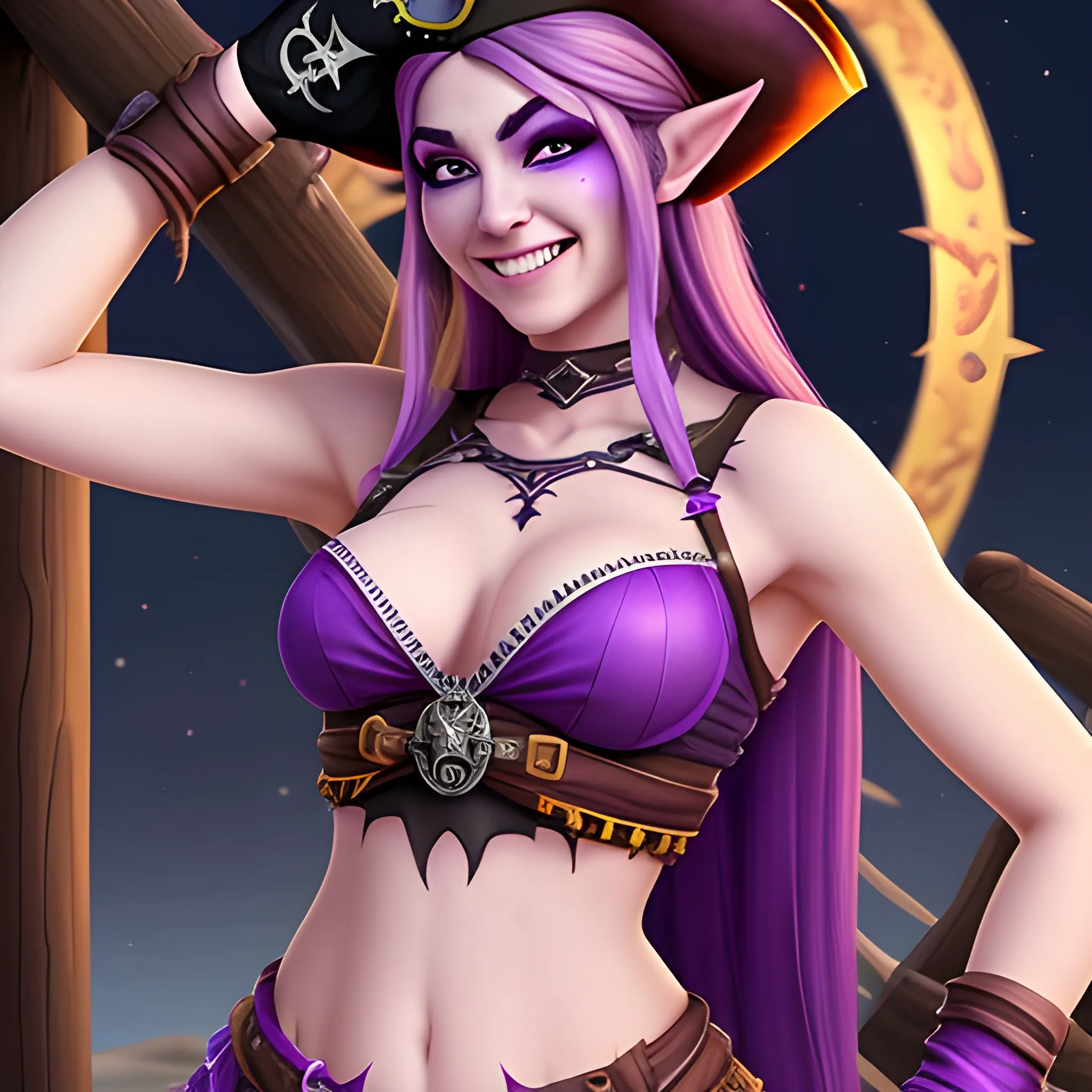 Pretty but scarred Night Elf female with a beautiful smile wearing an open chested croptop and a pirate outfit for