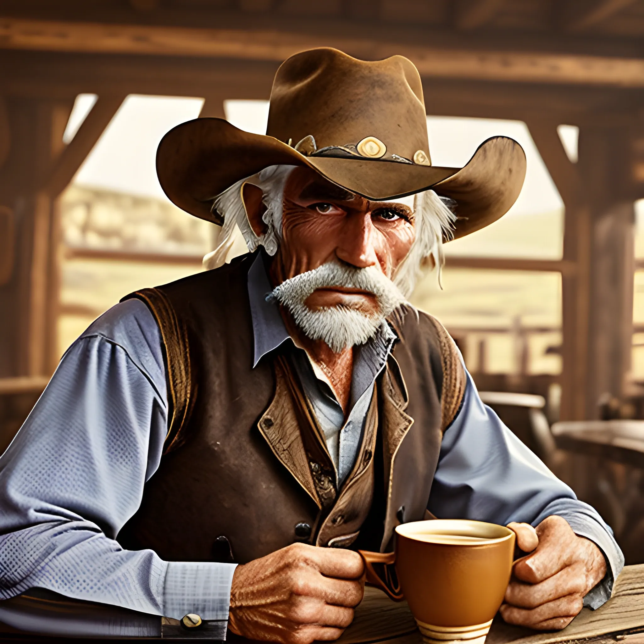 an older cowboy sitting in a saloon drinking a cup of coffee