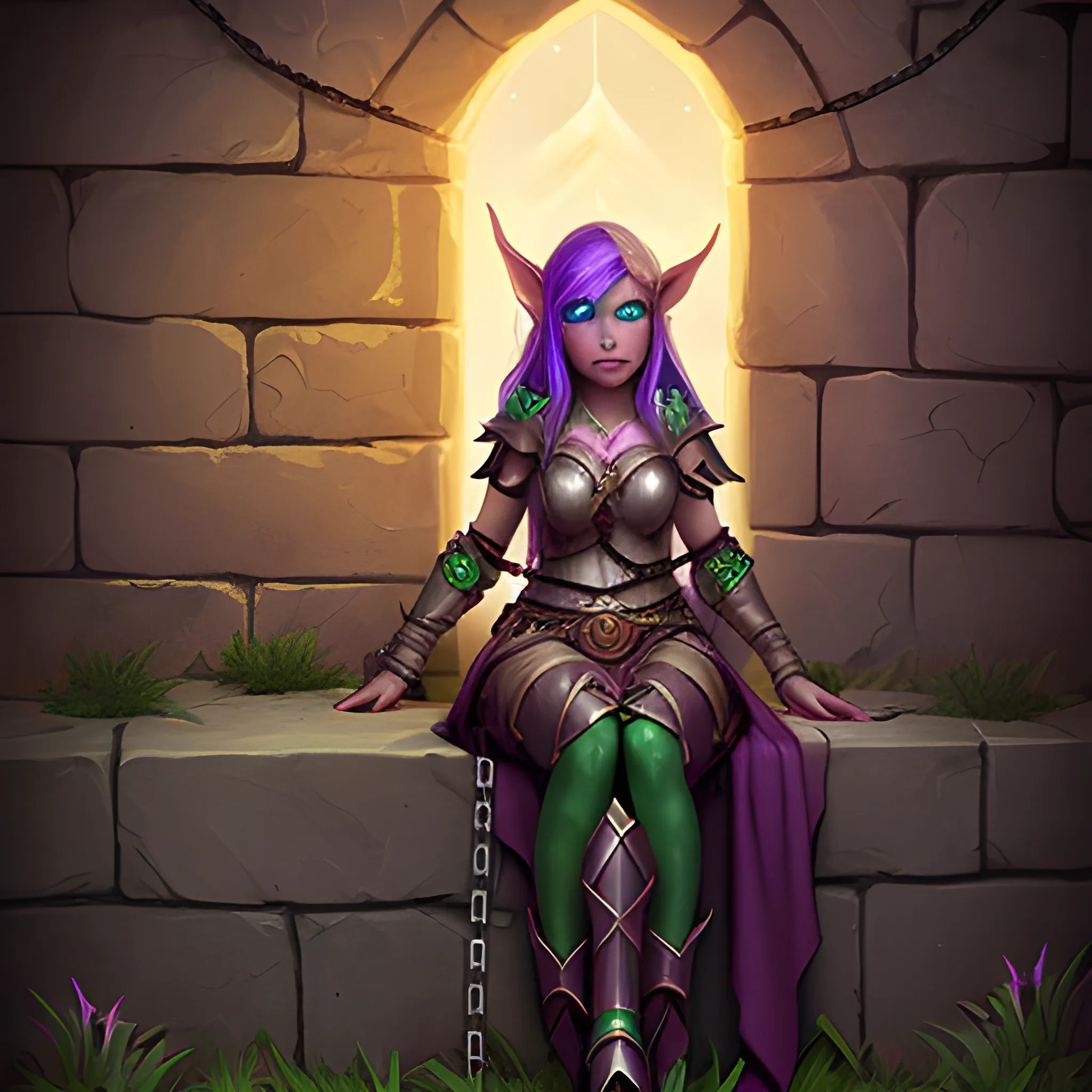 Lonely Night Elf Woman chained to a wall