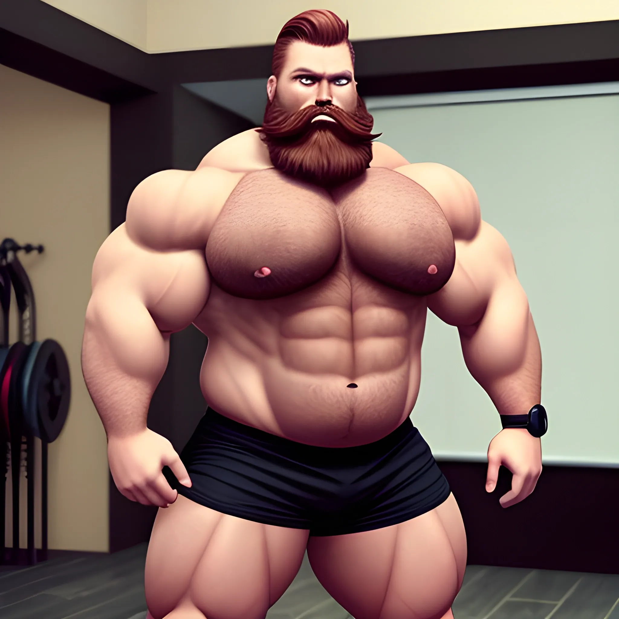 Generate a massive muscle man with short auburn hair and a beard. Show his full body.