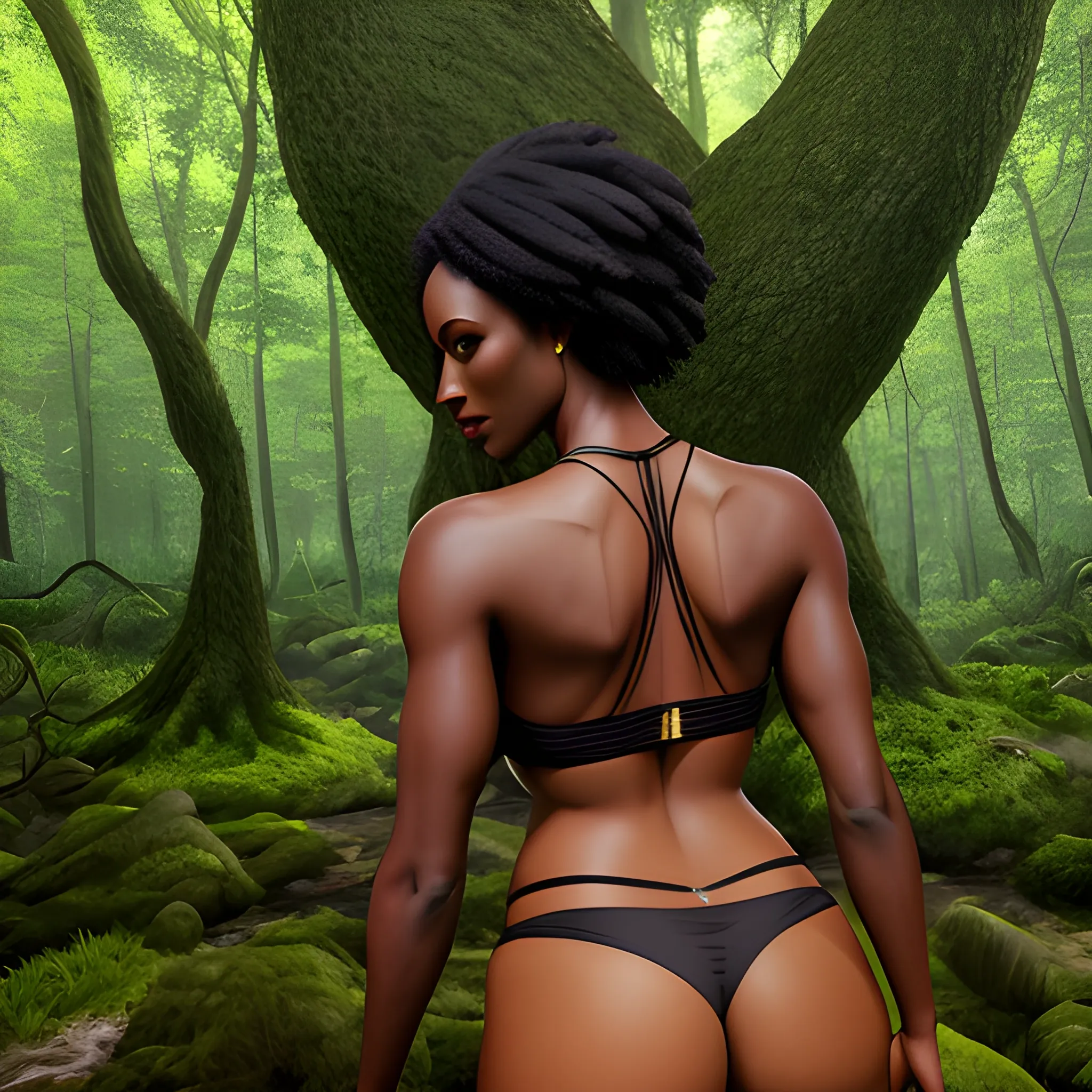 a woman in a forest with her back to the camera and a man in the background, breasts, looking_at_viewer, short_hair, multiple_girls, blond_hair, bare_shoulders, jewelry, medium_breasts, underwear, standing, panties, ass, earrings, outdoors, parted_lips, solo_focus, day, looking_back, dark_skin, from_behind, dark-skinned_female, tree, lips, crop_top, back, nature, armlet, forest, thong, realistic, bracer