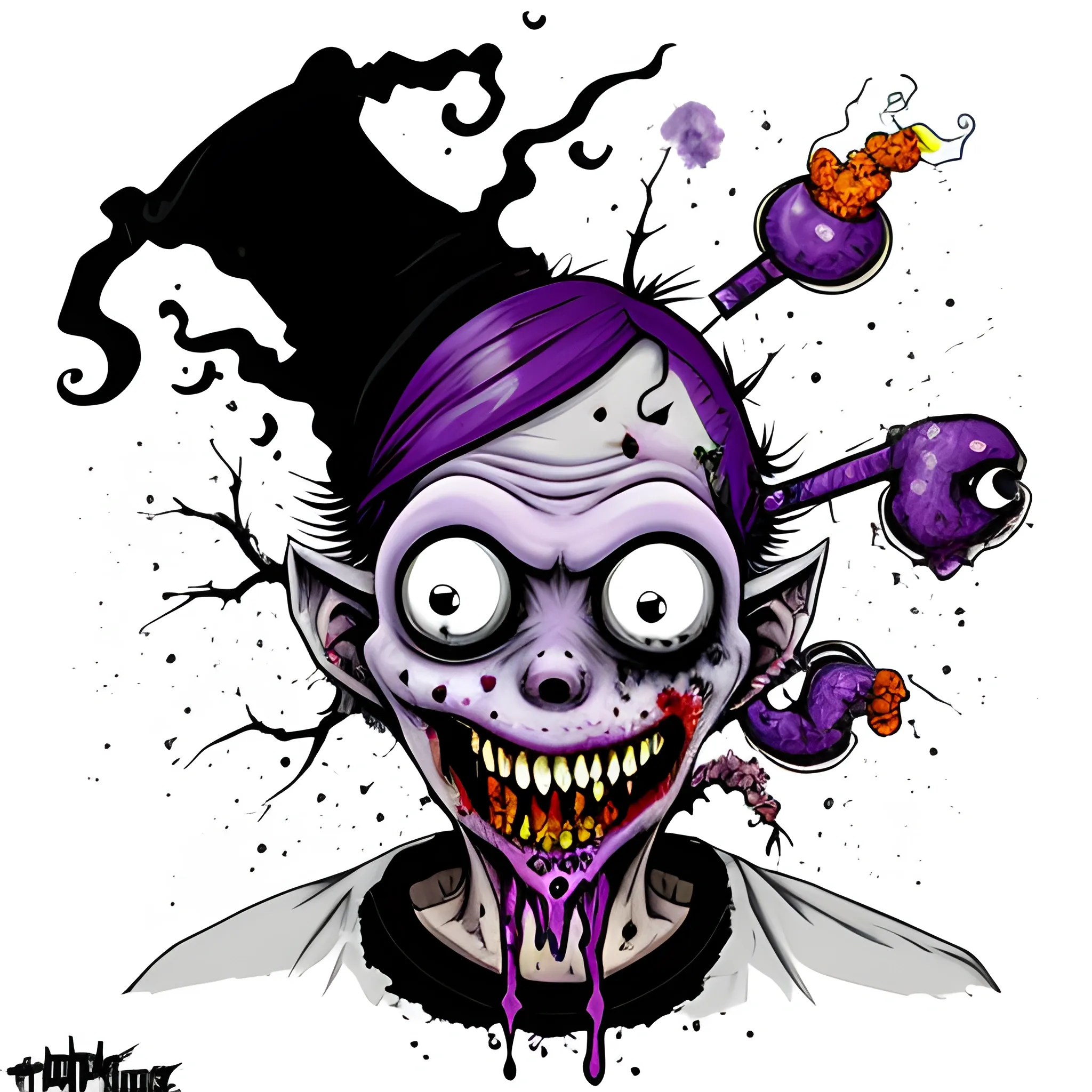 Mixture of Glass and amethyst smoking Zombie, in the styles of Munk One and Alex Pardee, trending on deviantart, lowbrow, heavy metal tshirt design, big smile picture, on a black background