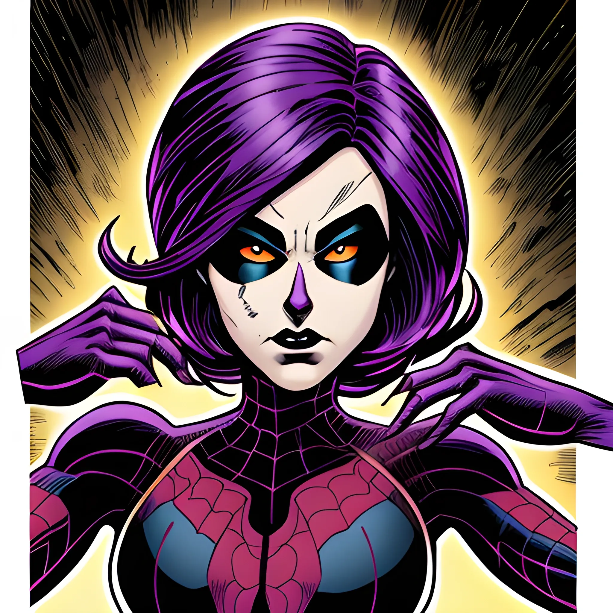 panel comic marvel, chica con pelo moreno oscuro, traje de araña color morado y negro, ojos marrones, piel calida
