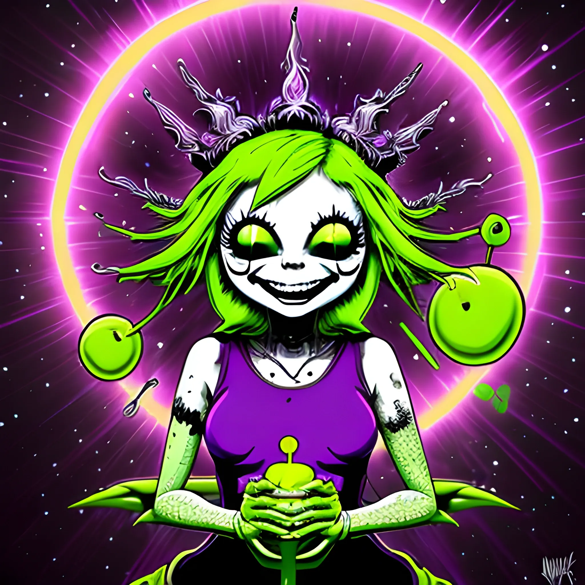 neon grape purple, dayglo orange, chartreuse green, Halloween, amethyst smoking goddess, combine the styles of Munk One and Alex Pardee, trending on deviantart, lowbrow, heavy metal tshirt design, big smile picture, on a black background, luminous color sparkles, nebula sky